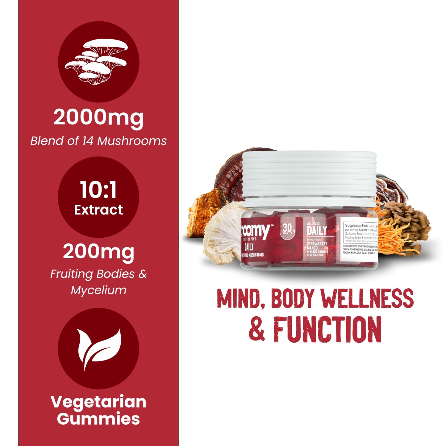 Troomy Nootropics Daily 14 Mushroom Blend Gummies 30 Count