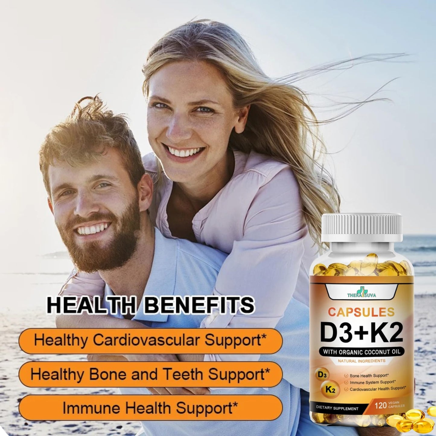 TheraSuva Vitamin D3 5000 IU + K2 Softgels, 120 Count