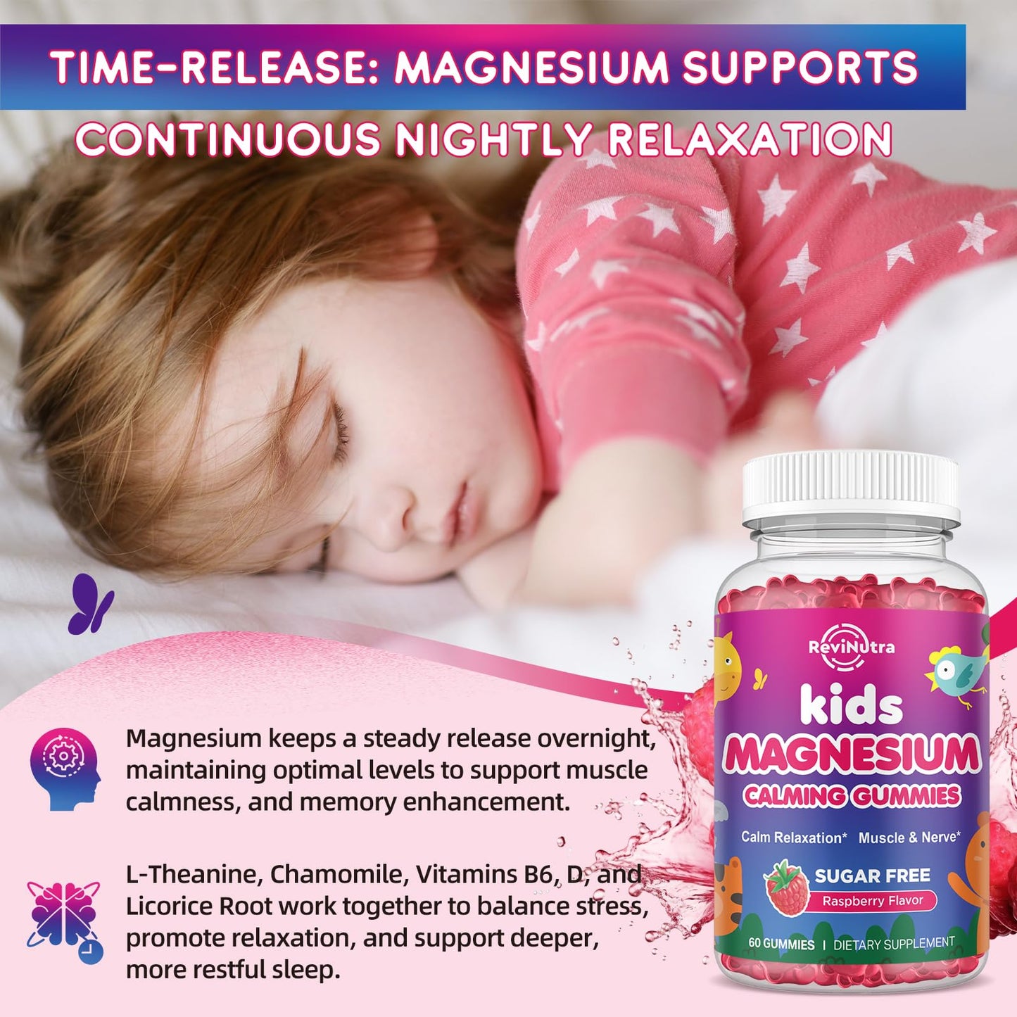 ReviNutra Kids Magnesium Glycinate Gummies with L-Theanine, Chamomile, Licorice, Vitamin D, B6 for Sleep, Relaxation, Brain & Muscle, Sugar Free Raspberry, 60 Count