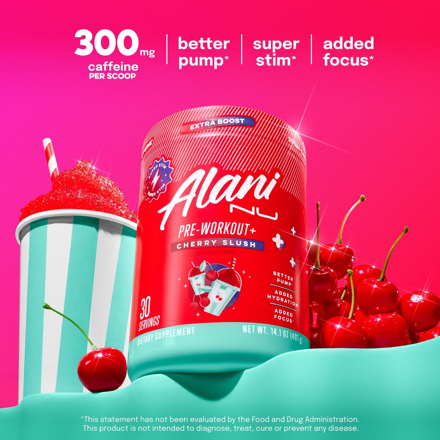 Alani Nu Pre Workout+ Powder Cherry Slush, Extra Boost, Sugar Free, 300mg Caffeine, L-Theanine, Beta-Alanine, Citrulline, 30 Servings, 13.8 Ounce