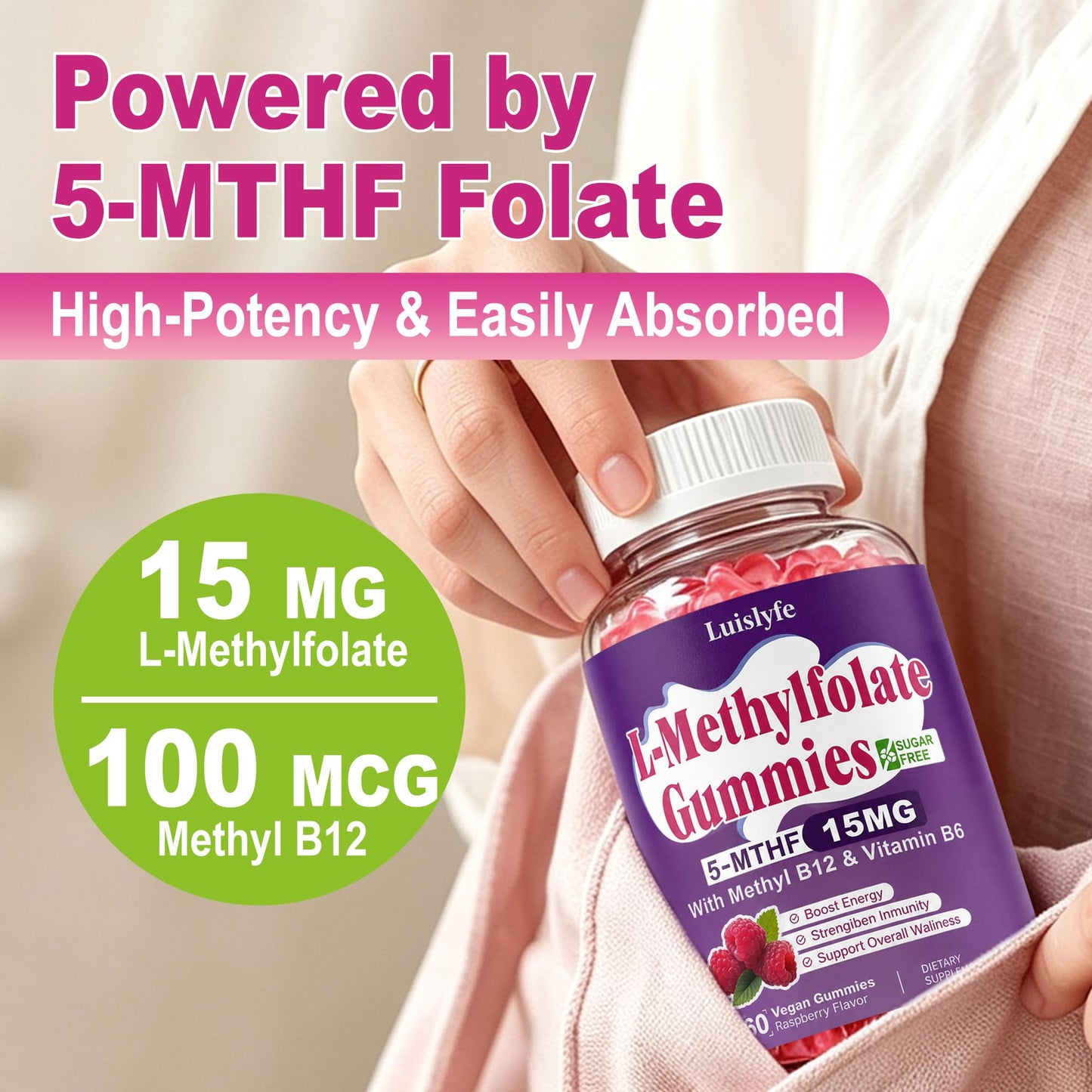 Luislyfe L-Methylfolate 15mg Gummies & Methyl B12, High Absorption Active Folate 5-MTHF Supplement for Cognition, Mood & Immune, Sugar Free, Vegan, Non-GMO, Raspberry Flavor, 60 Count