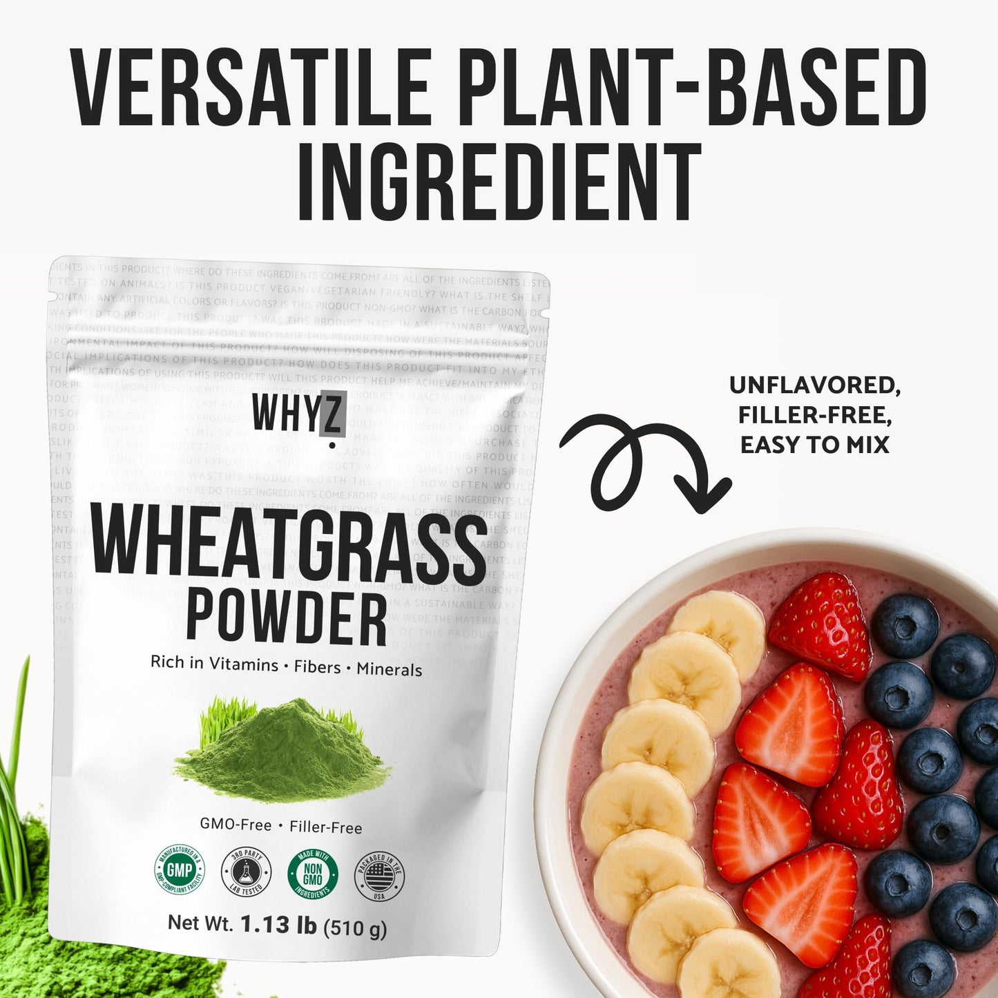 WHYZ Wheatgrass Powder 100% Pure Whole-Leaf, 18 oz