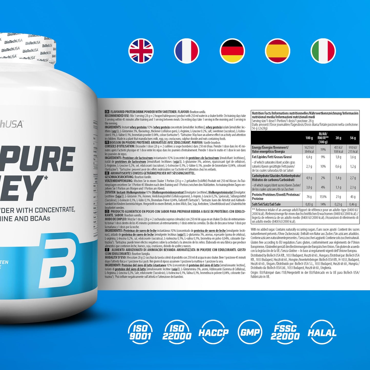 BioTechUSA 100% Pure Whey Protein Powder Bourbon Vanilla, 5 lb (Pack of 1)