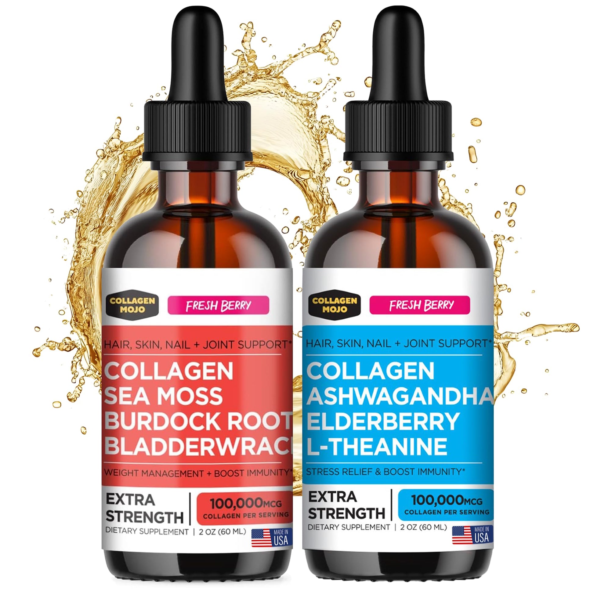 Collagen Mojo Liquid Collagen Peptides with Sea Moss, Burdock Root & Bladderwrack and Liquid Collagen Peptides with Ashwagandha, Elderberry & L-Theanine, 1