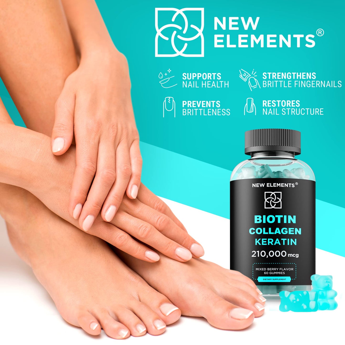 New Elements Biotin Gummies with Keratin & Collagen Peptides 60 Count