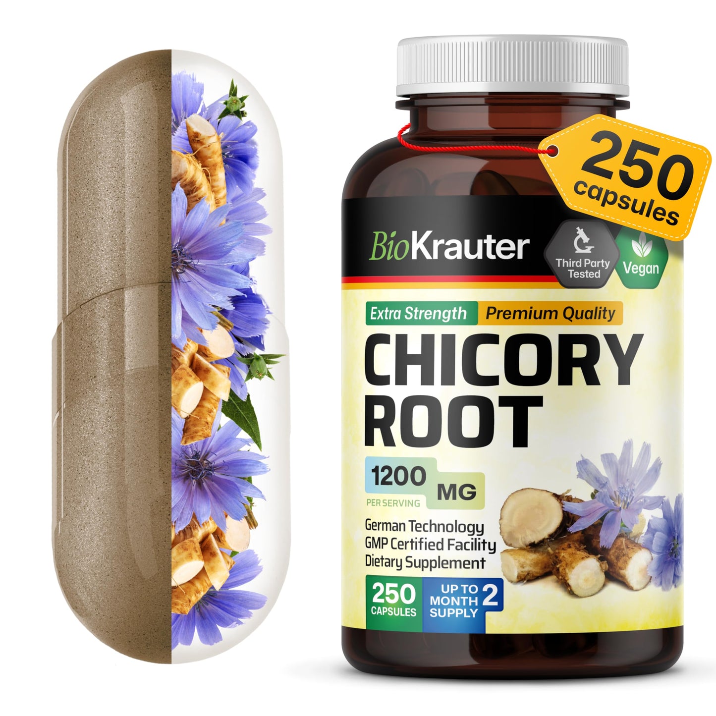 BIO KRAUTER Chicory Root for Gut & Digestive Support Capsule, 250 Count