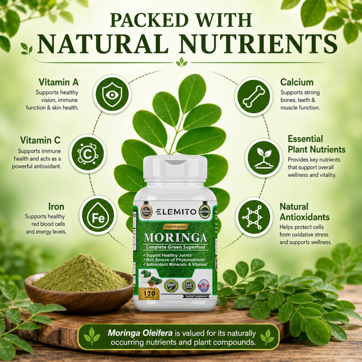 ELEMITO Moringa Oleifera 1000mg Capsule 120 Veggie Capsules