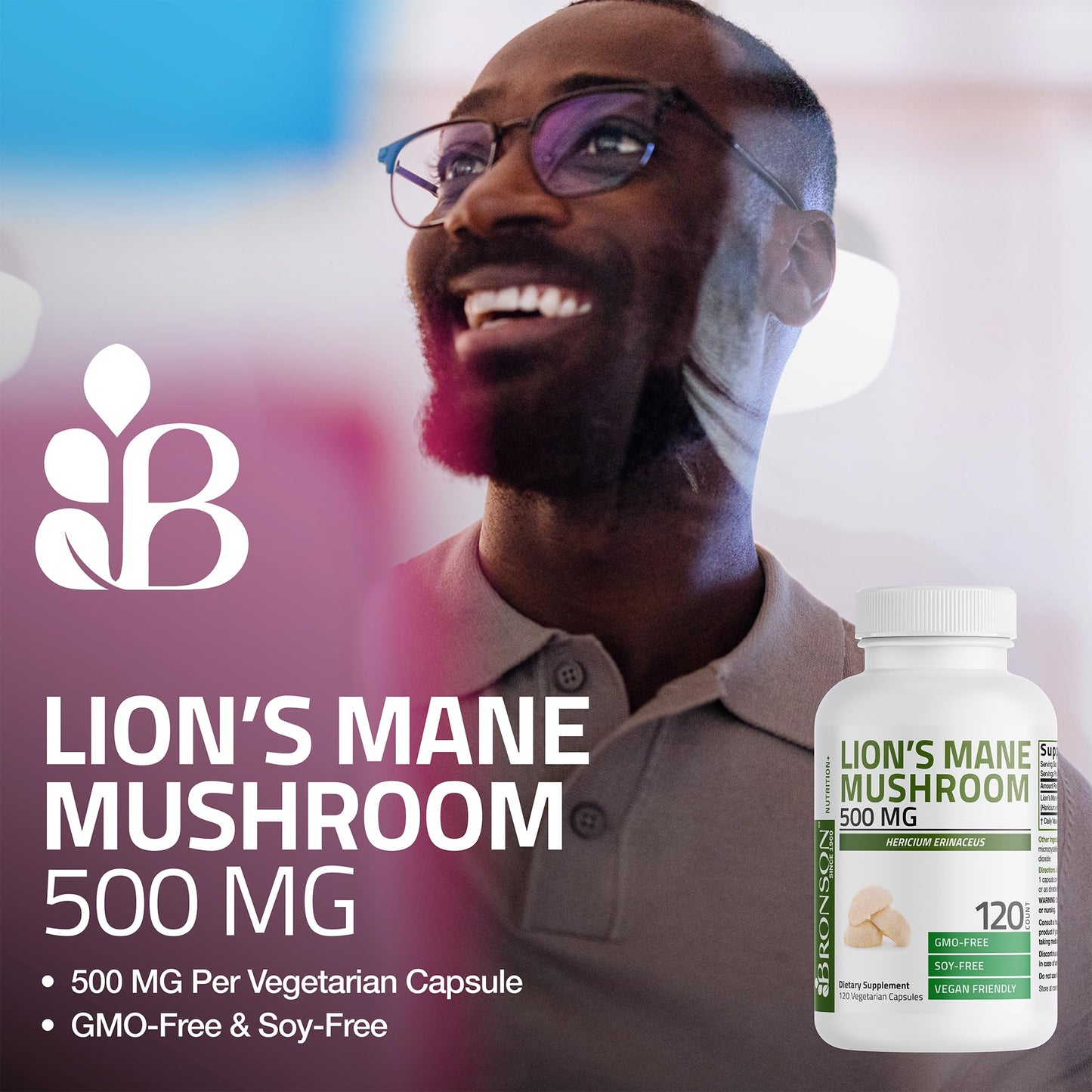 Bronson Lion's Mane Mushroom 500mg Hericium Erinaceus Non-GMO, 60 Capsules