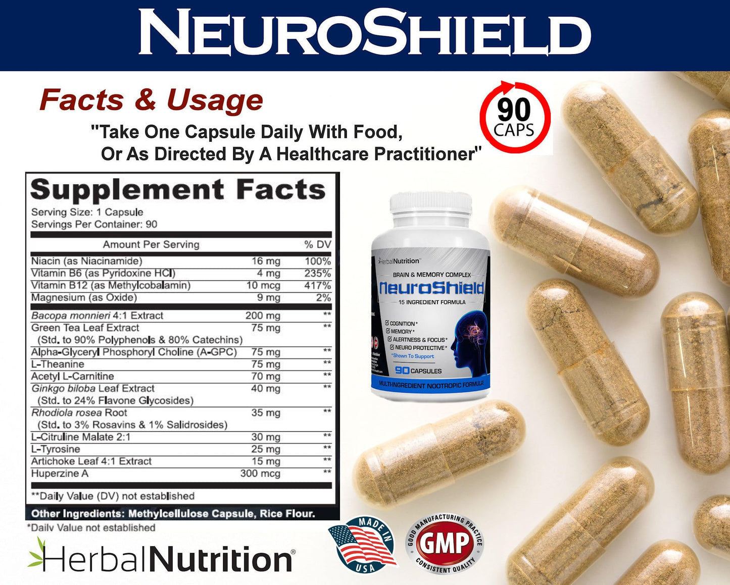 Herbal Nutrition NeuroShield Brain Health & Memory Support Supplement Capsule, 90 Capsules