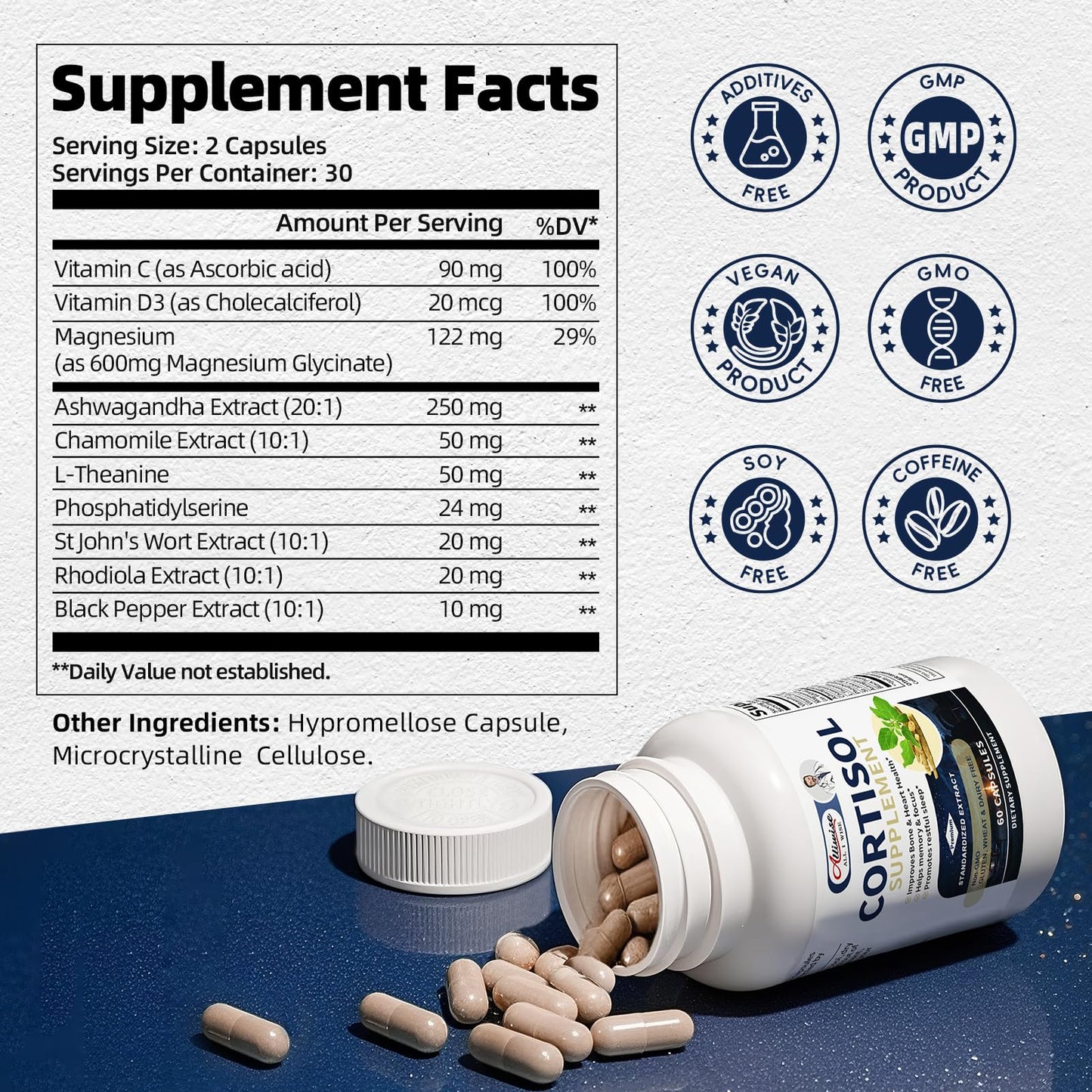 Alliwise Cortisol Supplements Capsules, 60 Count