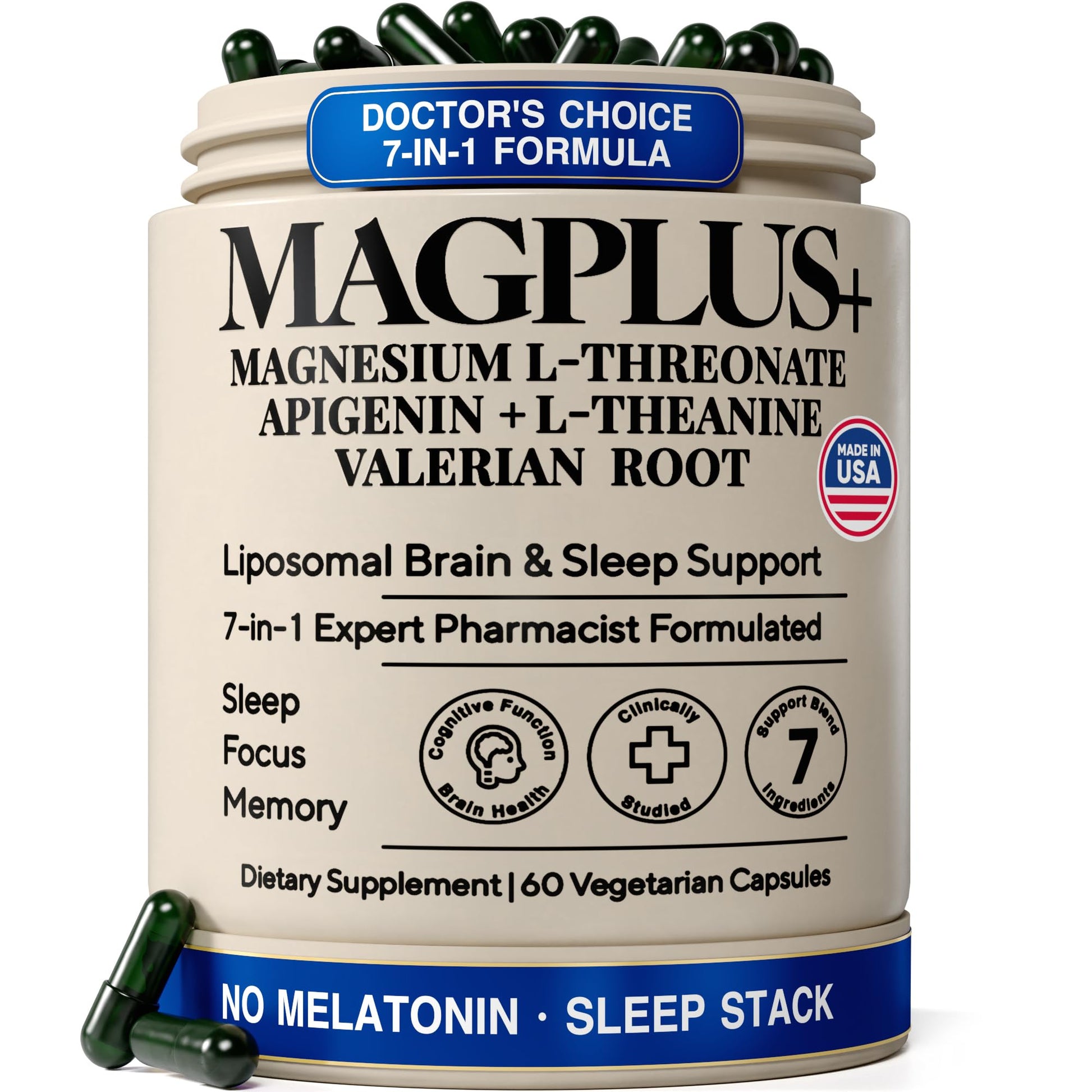 Plus+Ultra Liposomal Magnesium L-Threonate with Apigenin, Melatonin-Free, 60 Capsules