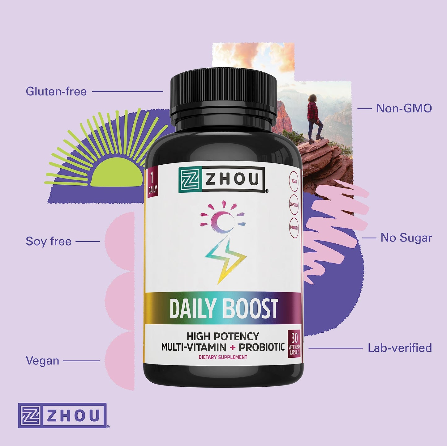 ZHOU Daily Boost Probiotic Multivitamin for Women & Men, 30 Capsules