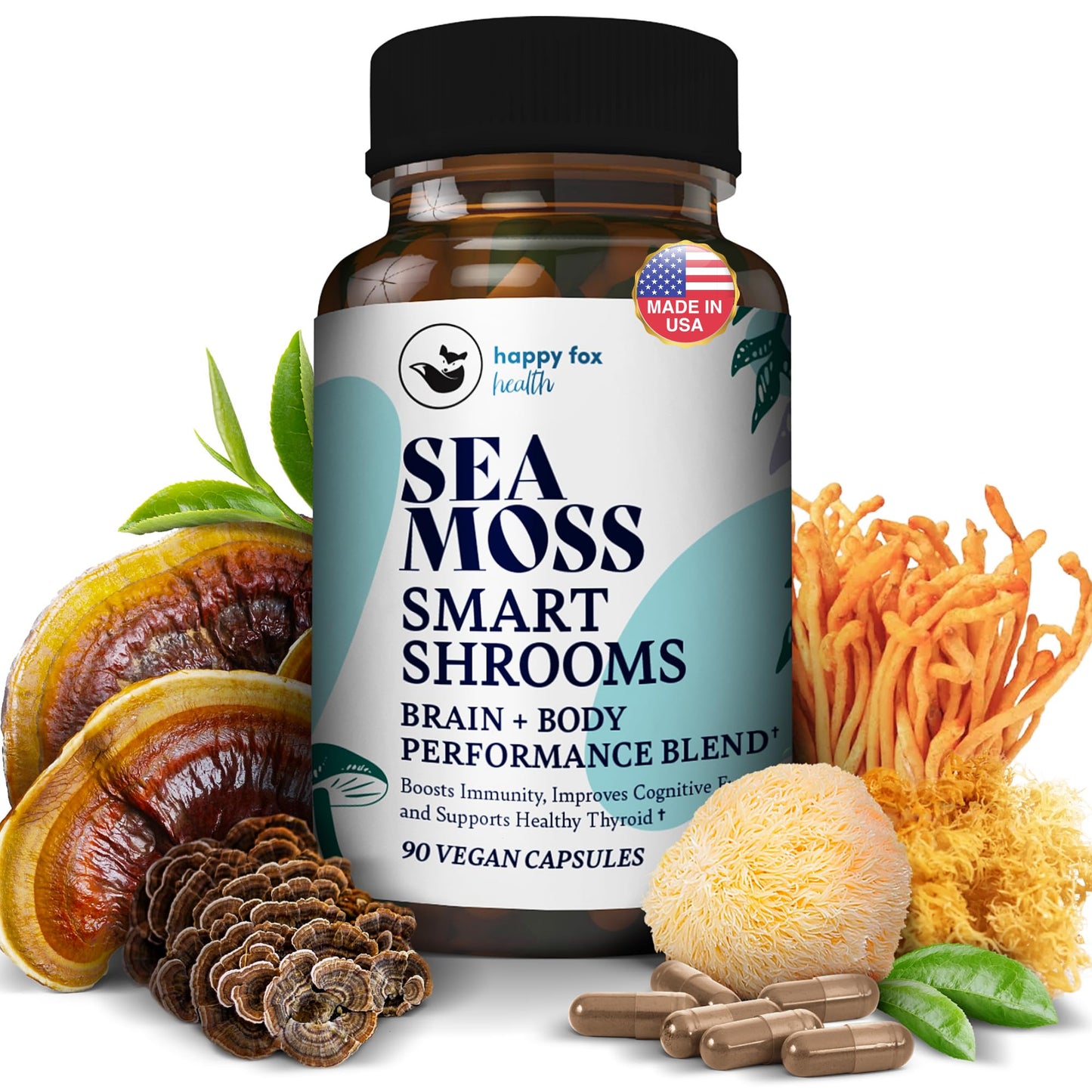 HAPPY FOX Irish Sea Moss Capsules & Mushroom Complex - Organic Seamoss with Adaptogens for Brain Health, 1500mg, 90 Capsules