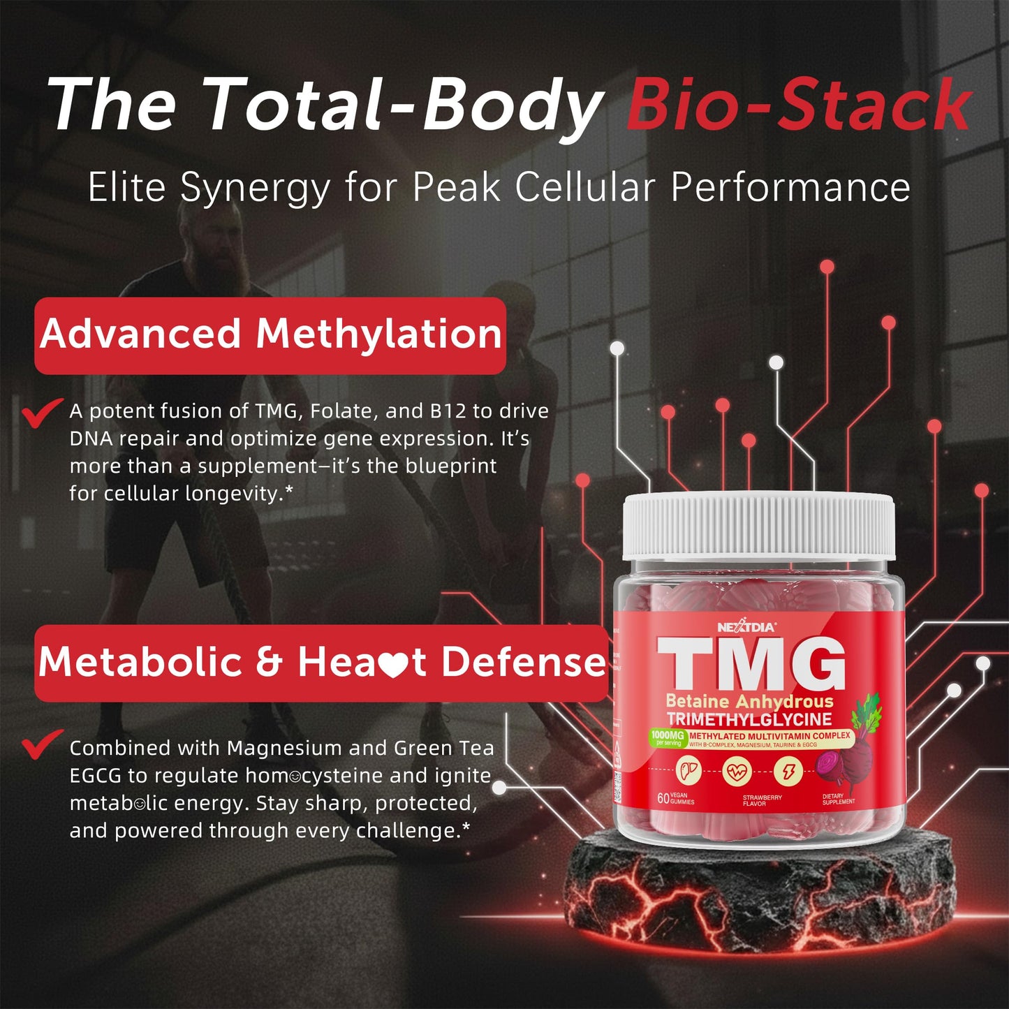 Nextdia TMG Gummies 1000mg Betaine Anhydrous + Methylated Multivitamin & B Complex (Methylfolate, B12, B6) with Magnesium & Taurine, Supports Homocysteine Levels, Brain & Energy, 120 Gummies
