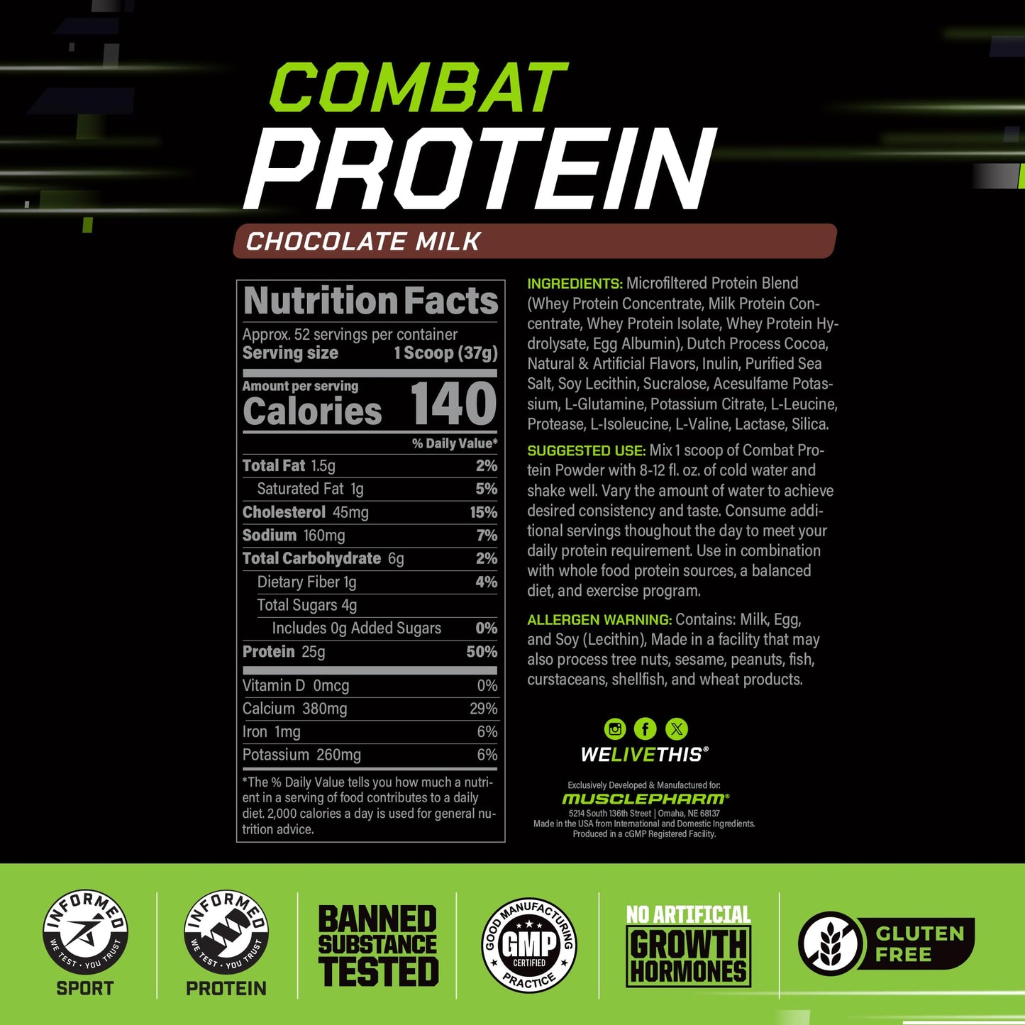Muscle Pharm Combat 4lb Chocolate Protein Powder, 73.1 Servings