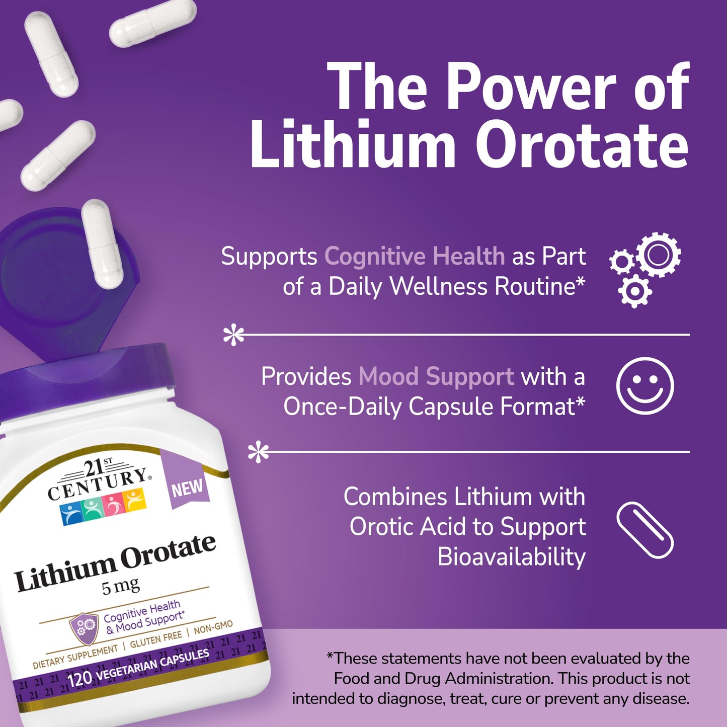 21st Century Lithium Orotate 5mg, 120 Capsules