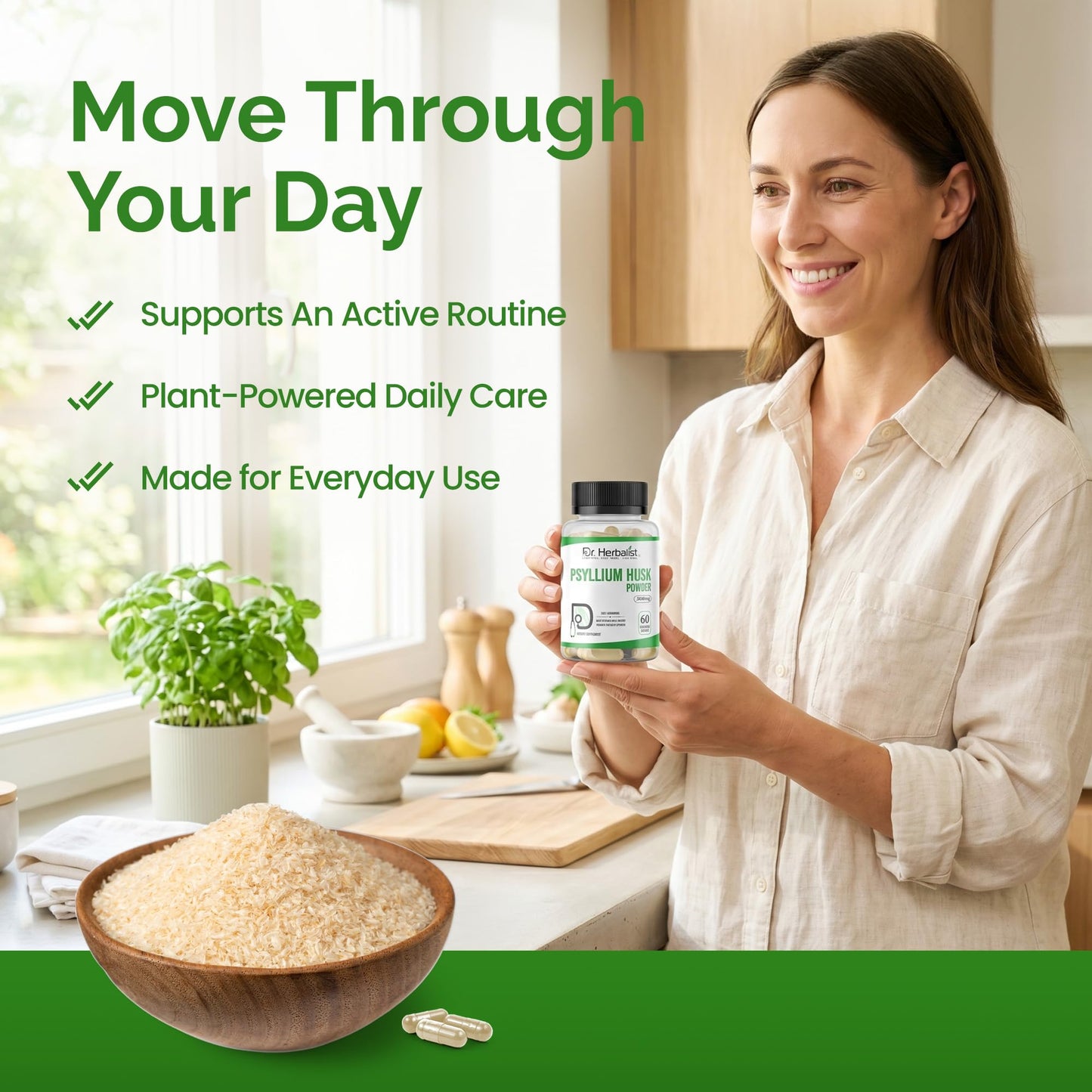 Dr. HERBALIST Psyllium Husk Powder Capsules 3000mg Soluble Fiber Supplement Plantago Ovata 60 Count