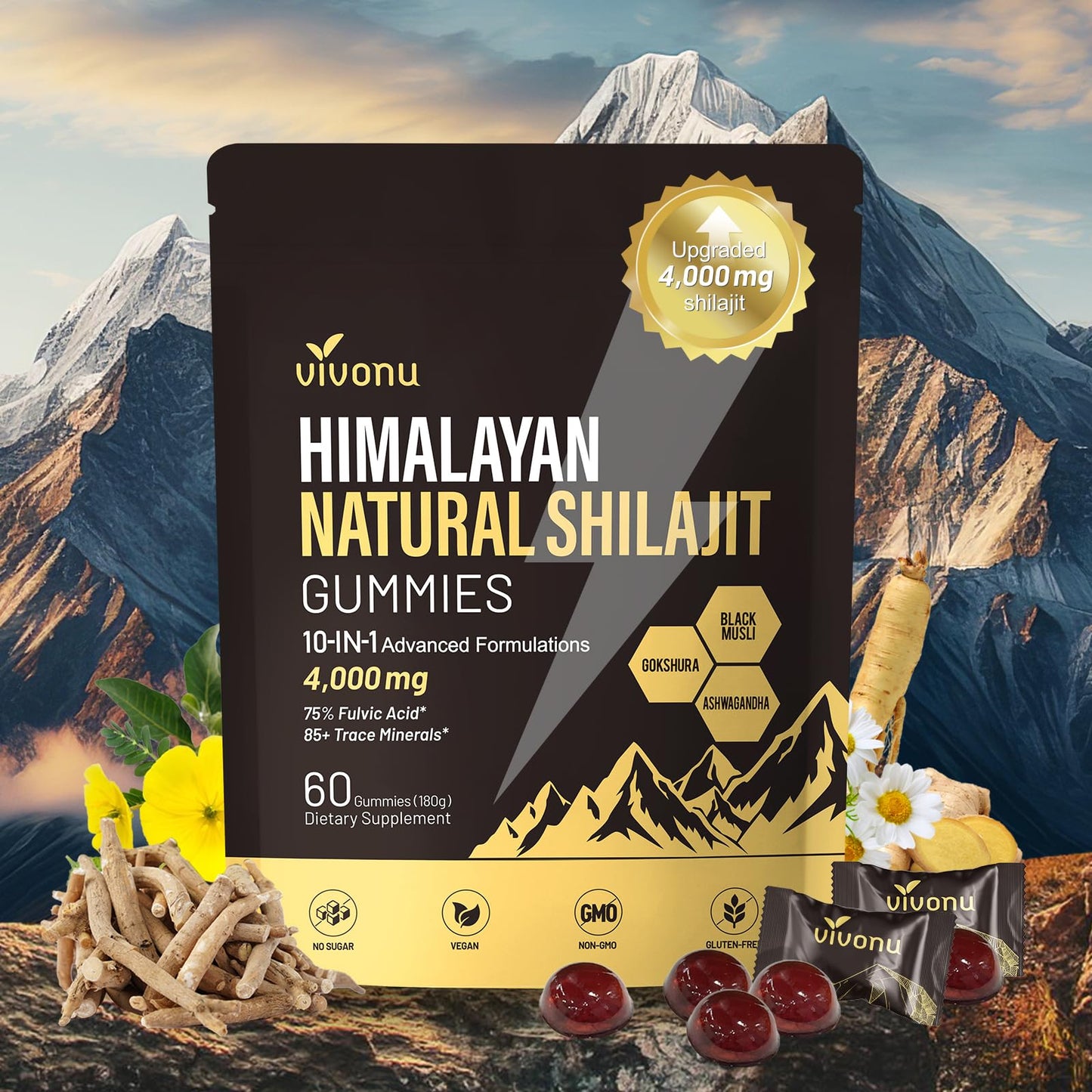 VivoNu Shilajit Gummies 4000mg High Potency 10-in-1 Formula with Ashwagandha and 75% Fulvic Acid, Sugar-Free Vegan, 60 Count