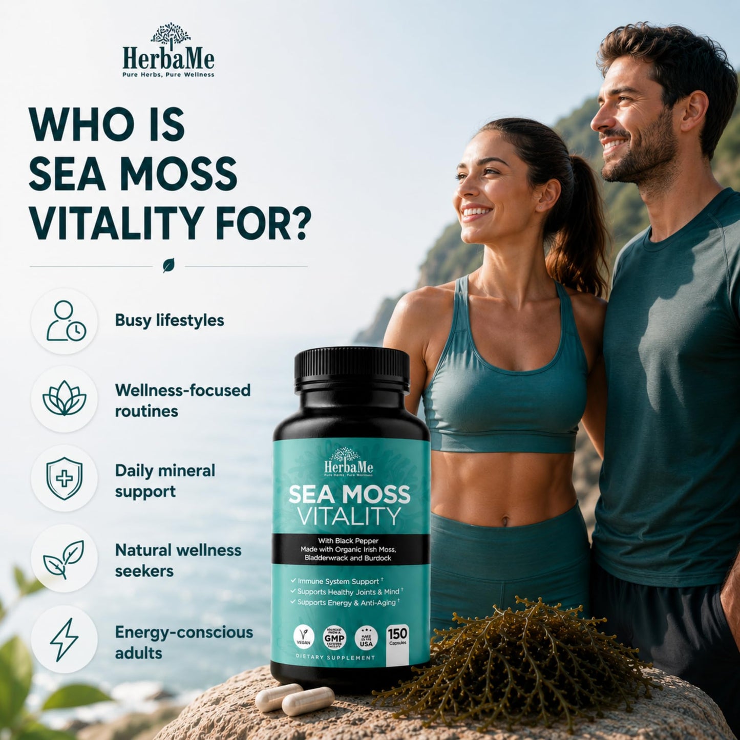 HerbaMe Organic Irish Sea Moss Supplement with Bladderwrack & Burdock, 150 Capsules