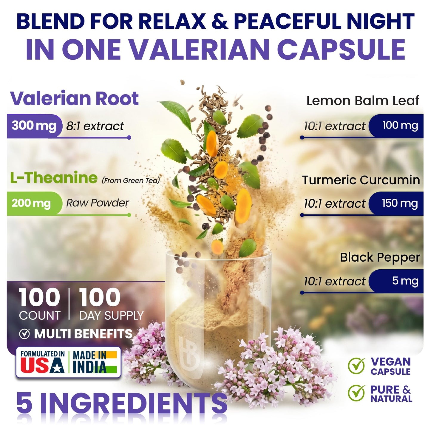 Herbpy 5in1 Valerian Root Capsules with L-Theanine, Lemon Balm, Turmeric & Black Pepper, 100 Count