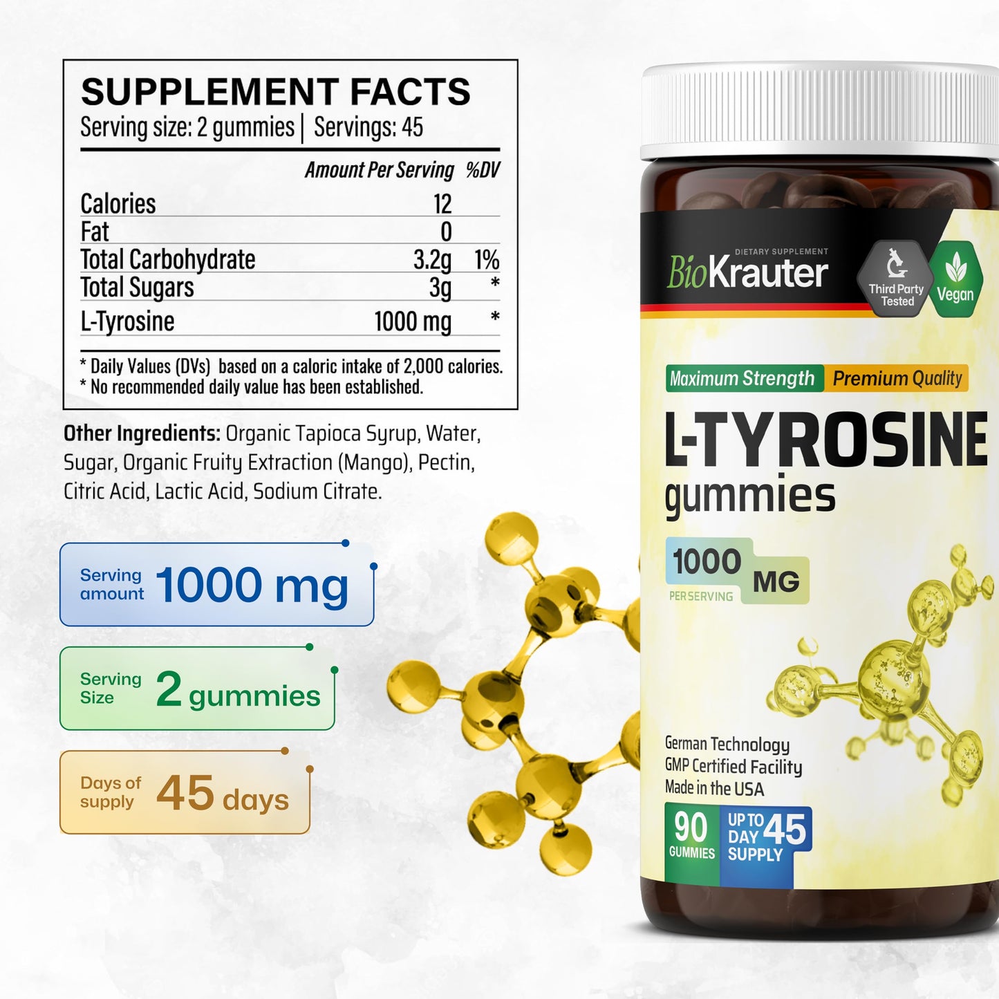 BIO KRAUTER L-Tyrosine Mood Support Gummies 1000 mg, 90 Gummies
