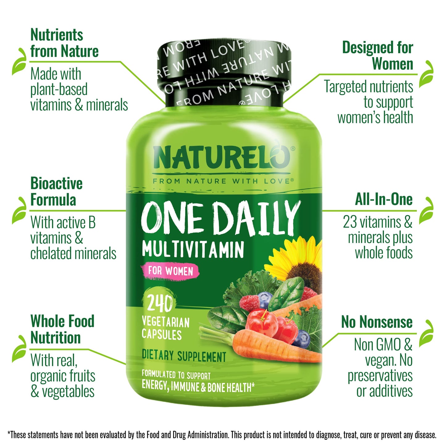NATURELO One Daily Multivitamin for Women with Vitamin B12, Capsule, 240 Count