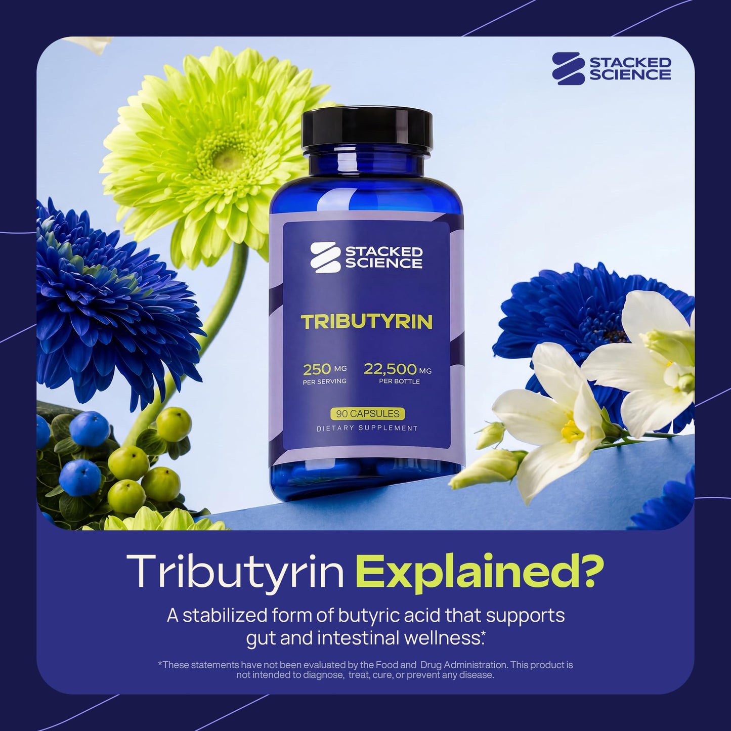 Stacked Science Tributyrin 250 mg Capsule, 90 Count