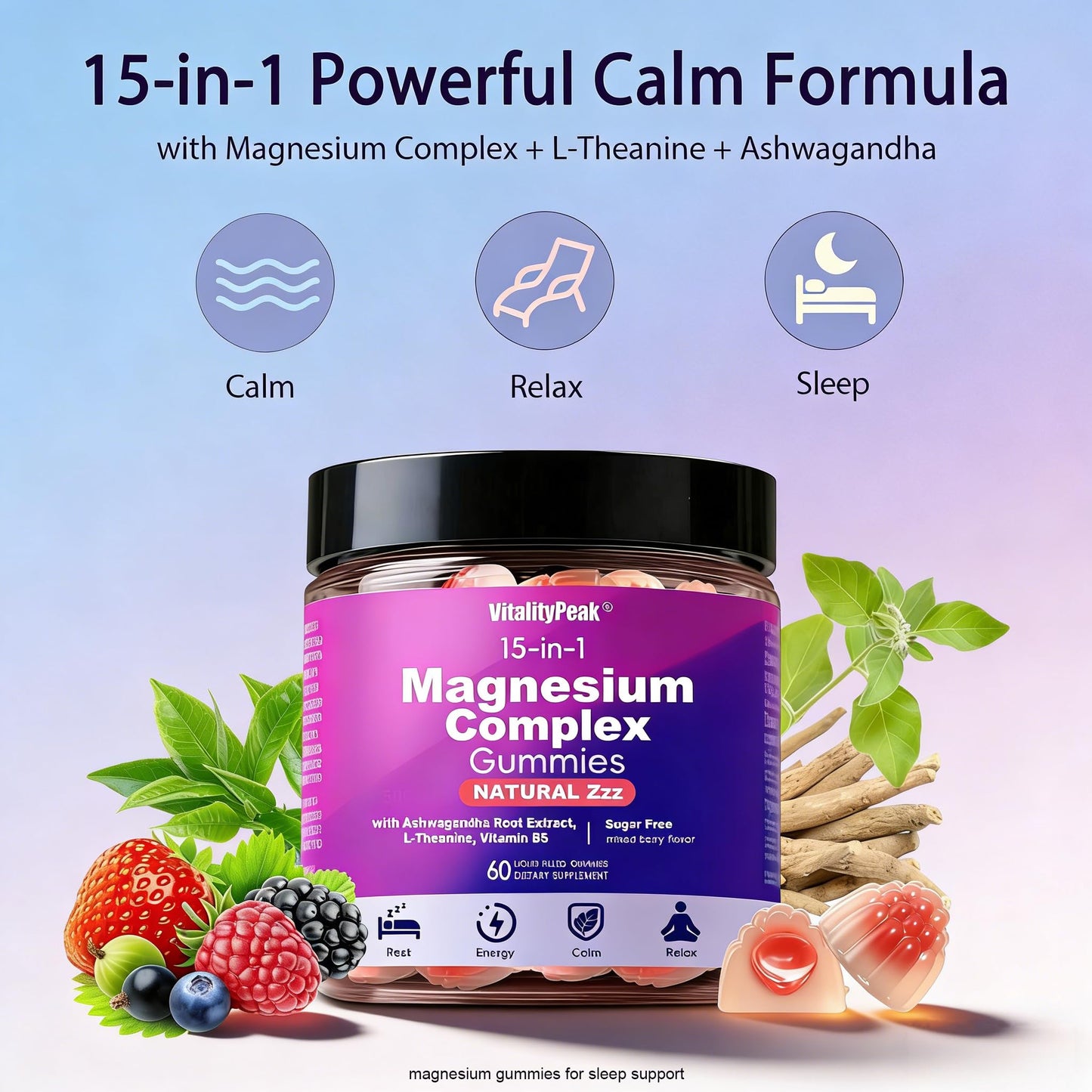 VitalityPeak Magnesium Sleep Gummies 400mg – Calm Magnesium Complex Gummies for Sleep Support & Relaxation with L-Theanine & Ashwagandha – Non Melatonin, Sugar Free Vegan, 60 Count