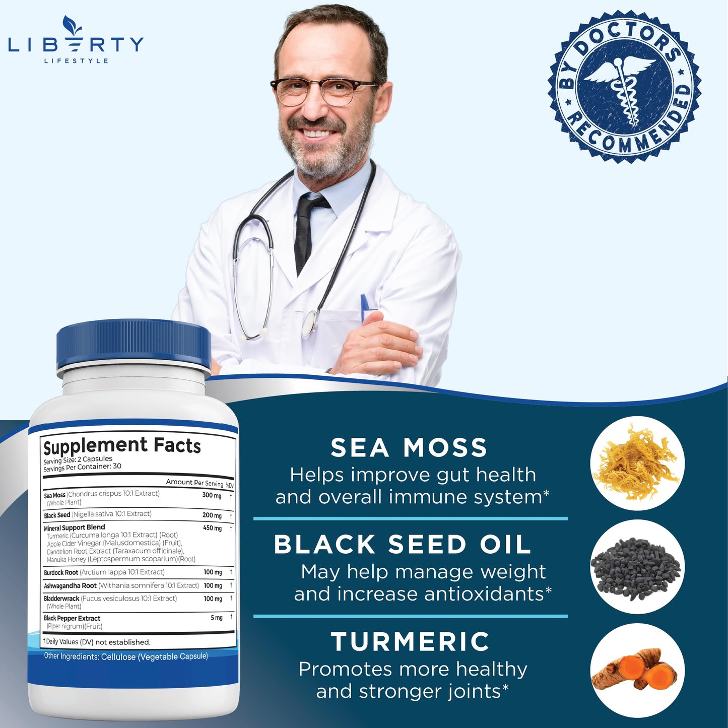 Liberty Lifestyle Sea Moss Black Seed Oil Ashwagandha Turmeric Bladderwrack Burdock - with Manuka, Honey Dandelion, ACV Black Pepper Gluten Free, 180 Capsules
