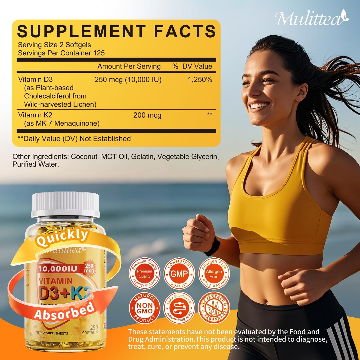 Mulittea Vitamin D3 K2 10000 IU w/ MK7 for Bone, Immune & Heart Health Softgels, 250