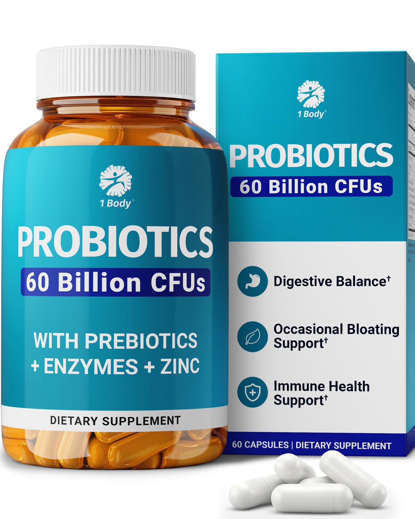 1 Body Probiotic 60 Billion with Prebiotics & Enzymes Capsules, 60 Capsules