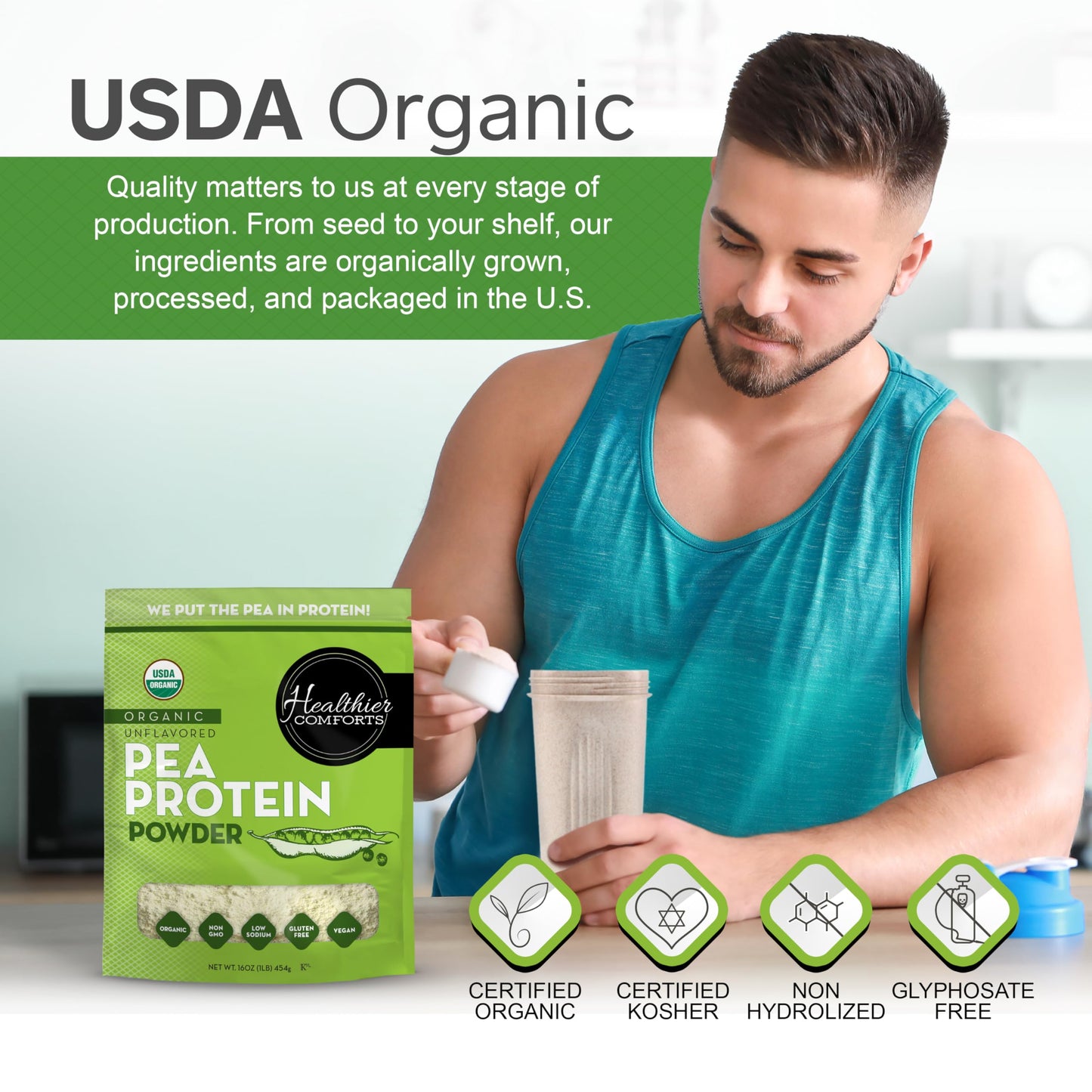 Healthier Comforts Organic Unflavored Pea Protein Powder 16 oz