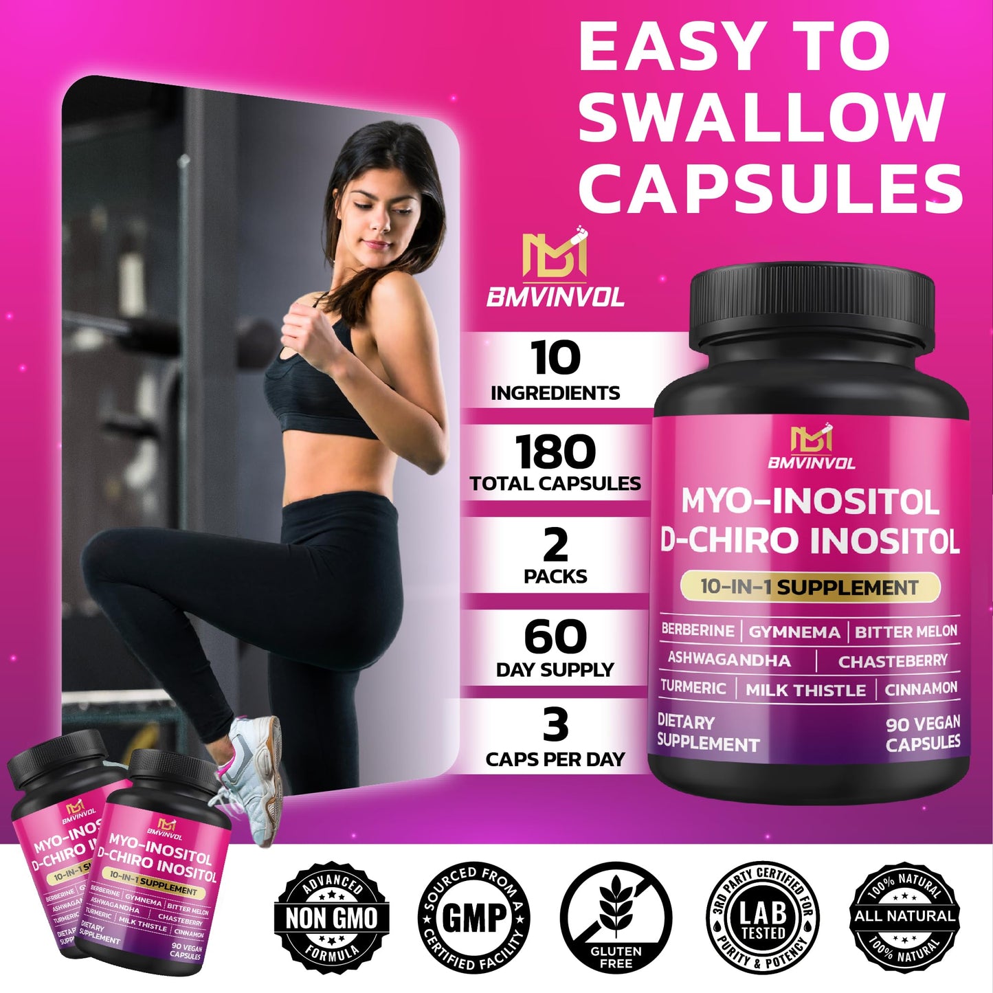 BMVINVOL Inositol Supplement - Myo-Inositol & D-Chiro Inositol 40:1 Ratio Capsules, 180-Count