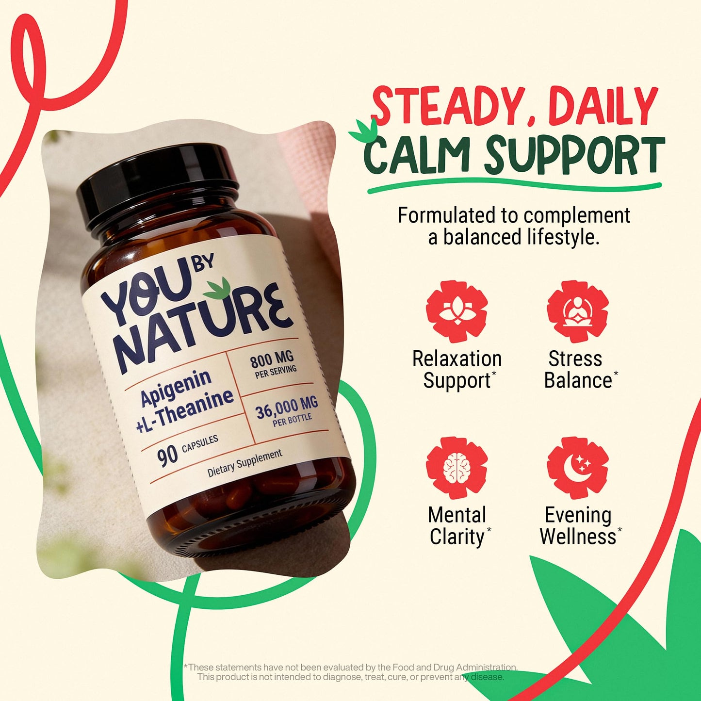 YOUBYNATURE Apigenin 200mg with L-Theanine 600mg Nighttime Supplement Veggie Capsules 90 Count