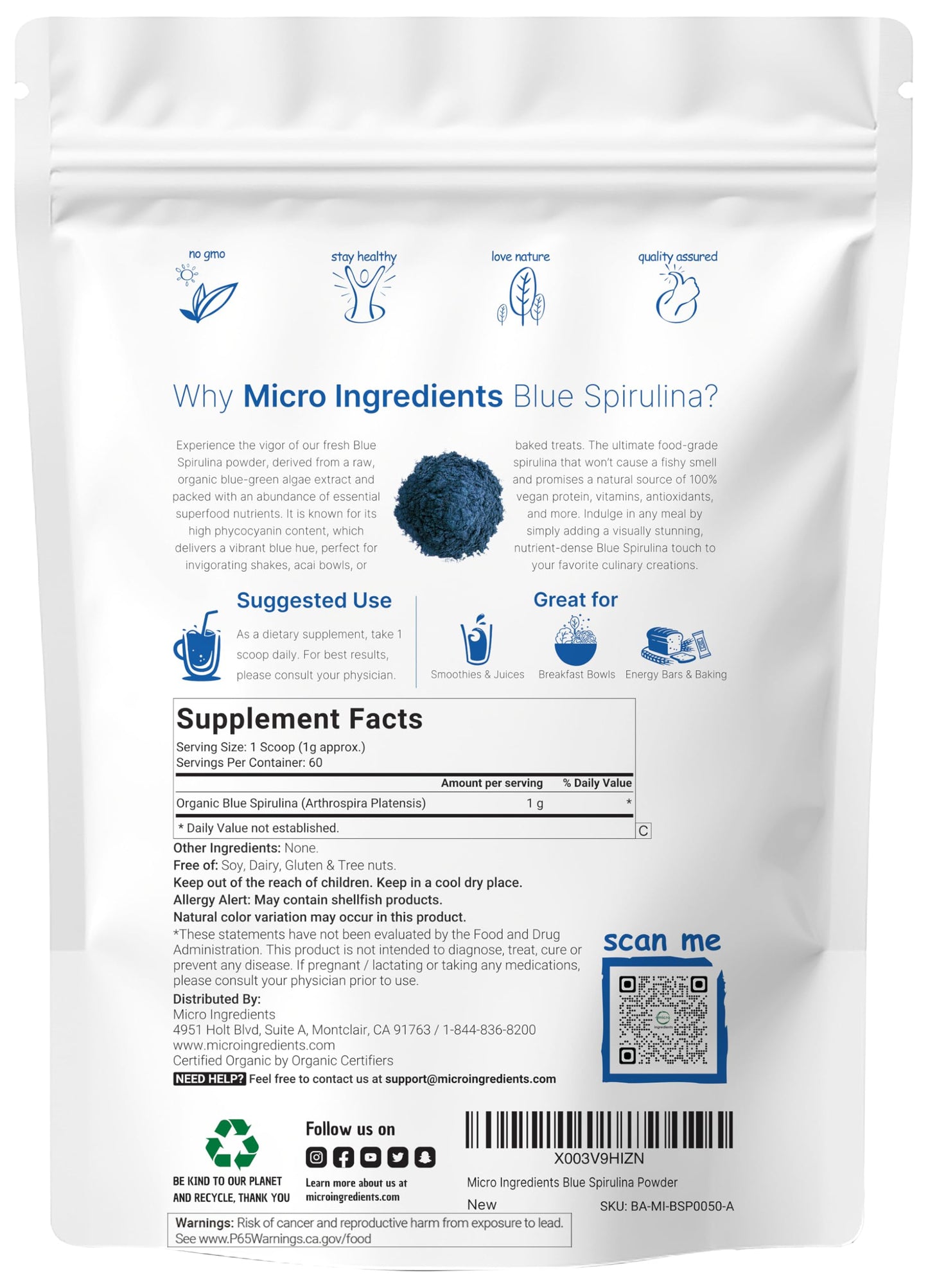 Micro Ingredients Organic Blue Spirulina Powder 2 x 2.12 oz