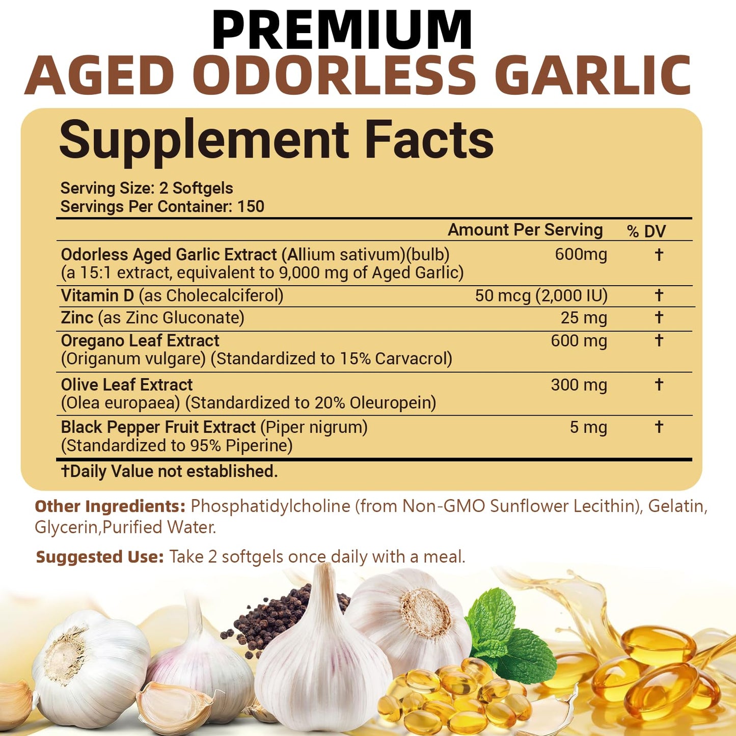 Pyrrolift Aged Garlic Extract 1530mg with Vitamin D, Zinc, Oregano & Olive Leaf Odorless Garlic Capsules, Heart & Immune Support Herbal Formula Antioxidant Supplement, 300 Capsules
