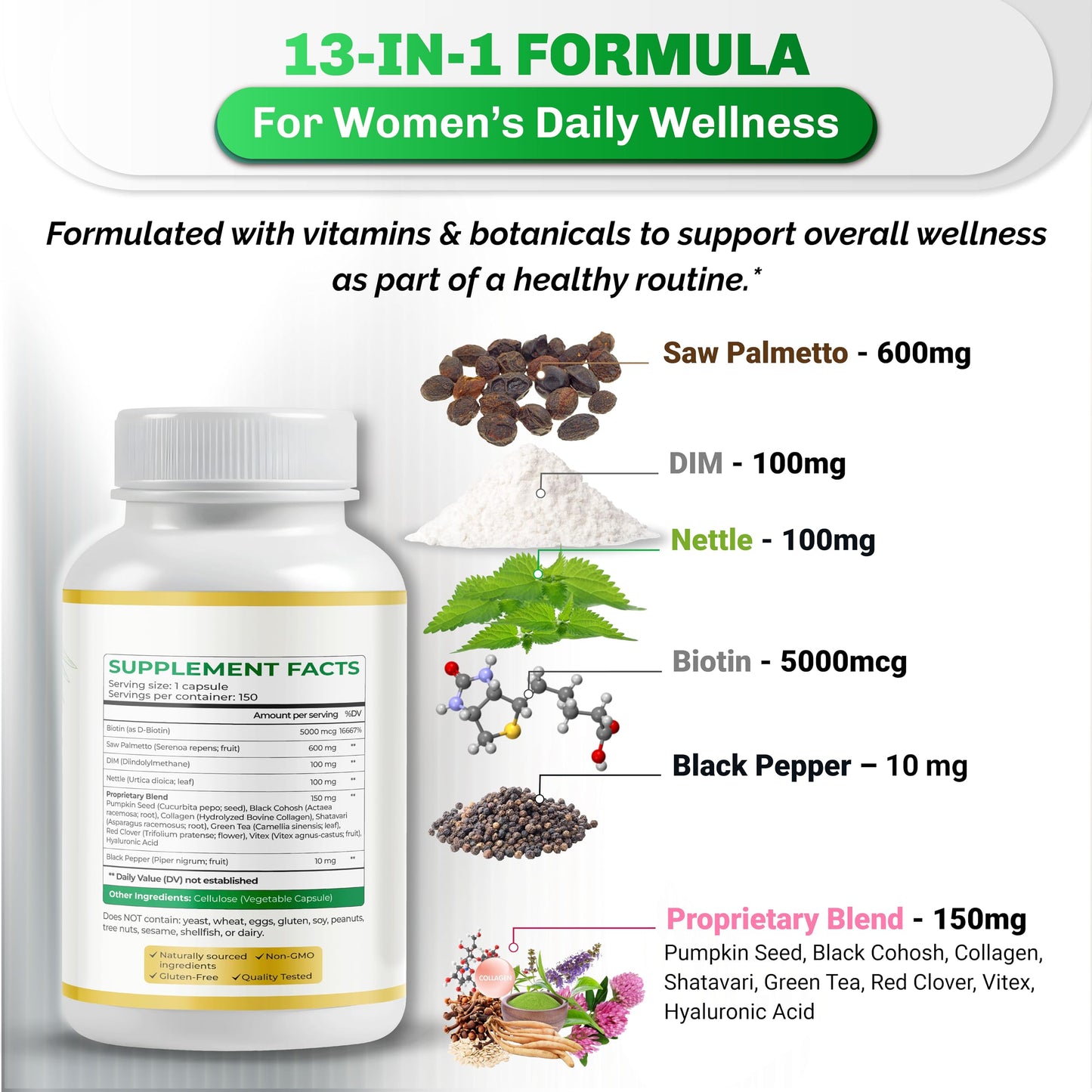 NUSORAN Ultra Saw Palmetto - 13-in-1 with DIM, Nettle, Pumpkin Seed, Collagen, Vitex - Max Absorption, 150 Capsules