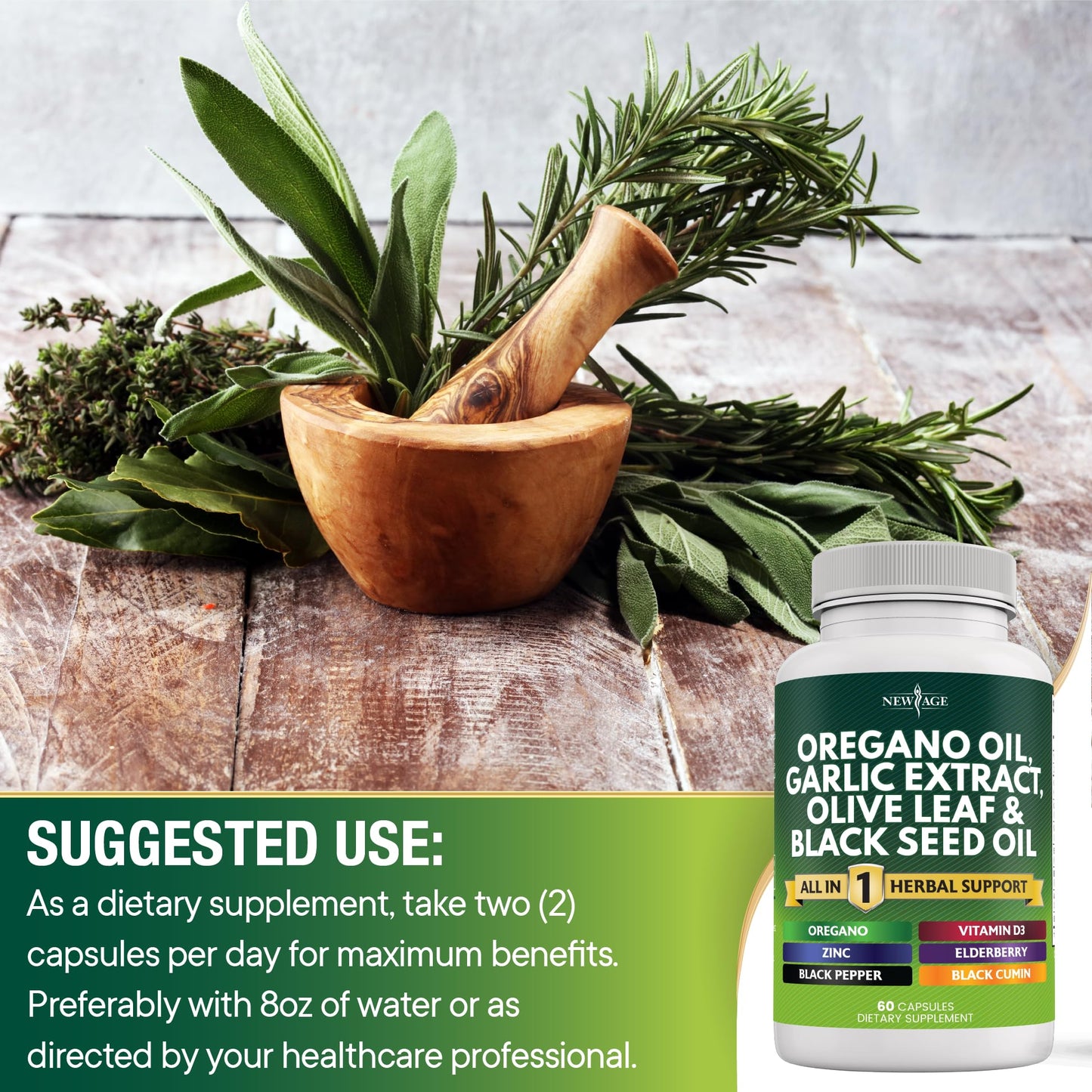 NEW AGE Oregano Oil Garlic Extract Olive Leaf with Astragalus Capsule 120 Count
