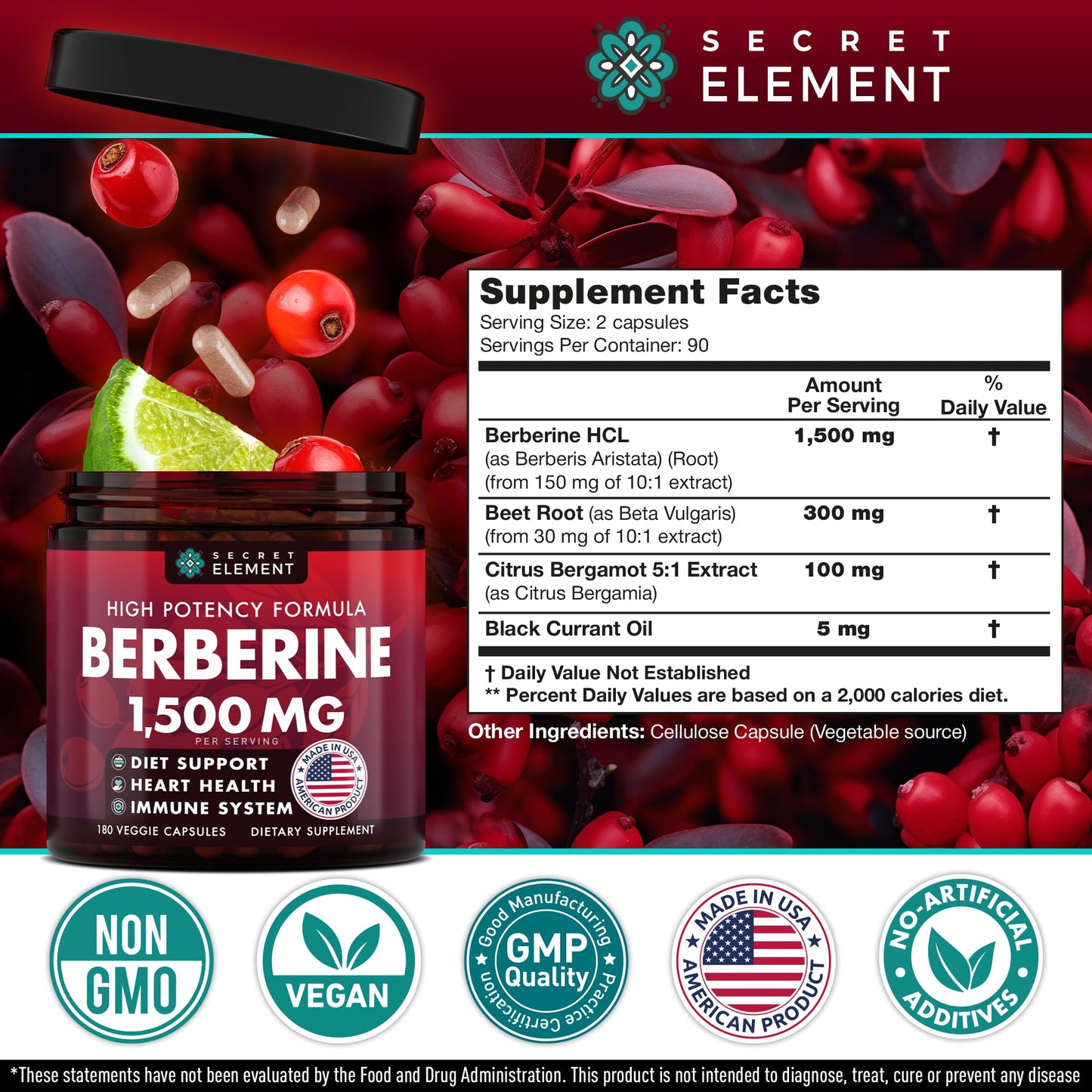 Secret Element Berberine HCL Supplement 1500 mg High Potency Vegan Capsules with Beet Root, Citrus Bergamot & Black Currant, Non-GMO, 360 Capsules