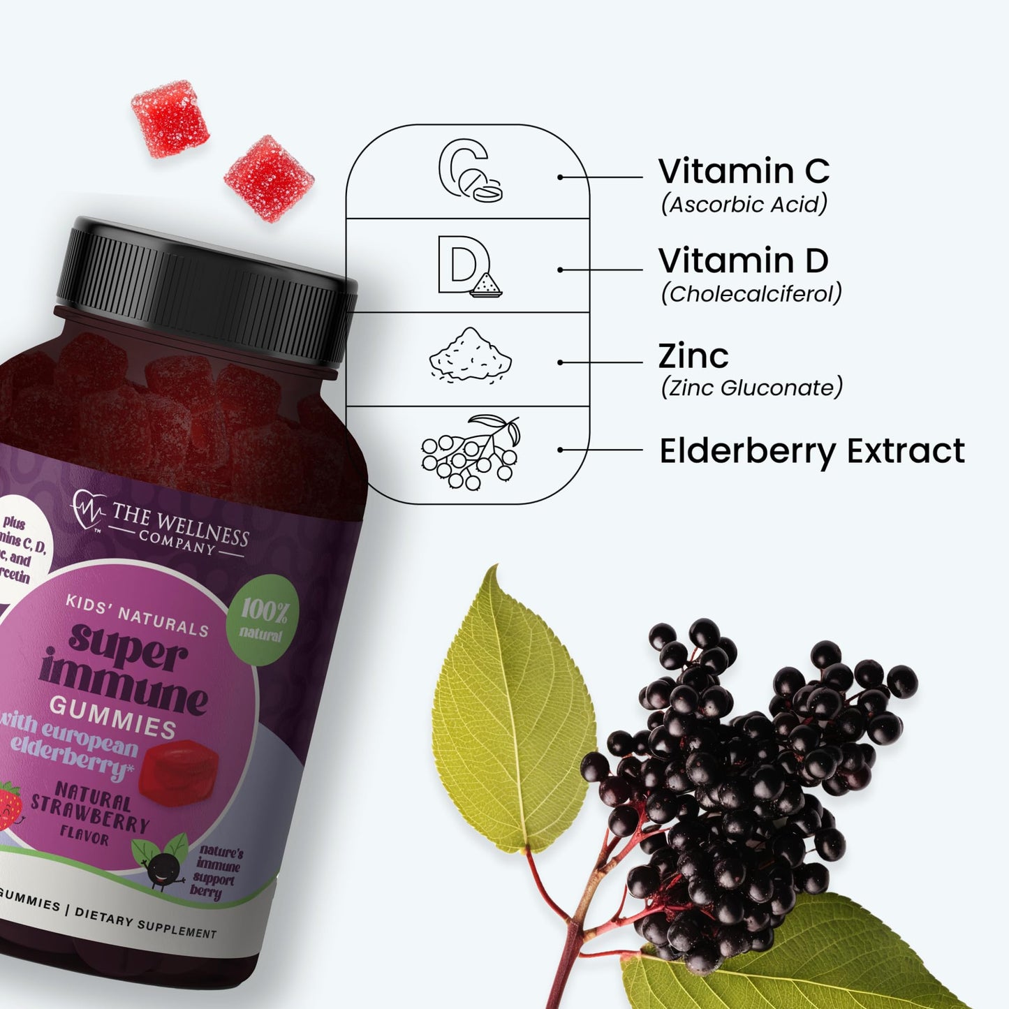 The Wellness Company Kids Naturals Elderberry Gummies – Immune Support with Vitamin C & Zinc, 120 Gummies