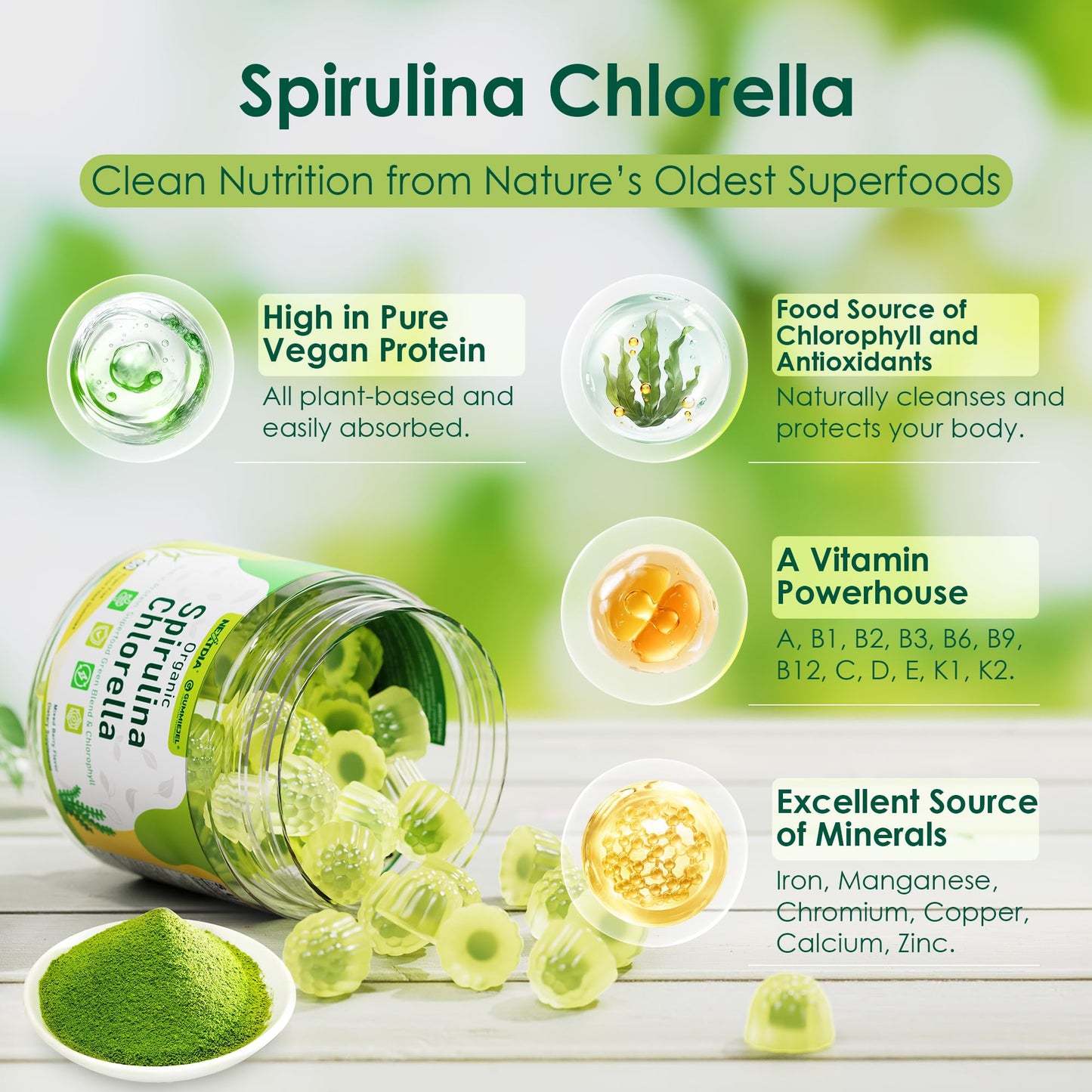 Nextdia Organic Spirulina Chlorella Gummies + Super Greens, High in Vegan Protein & Chlorophyll, Green Algae + Broccoli, Moringa, Spinach, C, D3, Zinc, B12 for Energy, Gut, Immune, Antioxidant, No Sugar, 60 Count