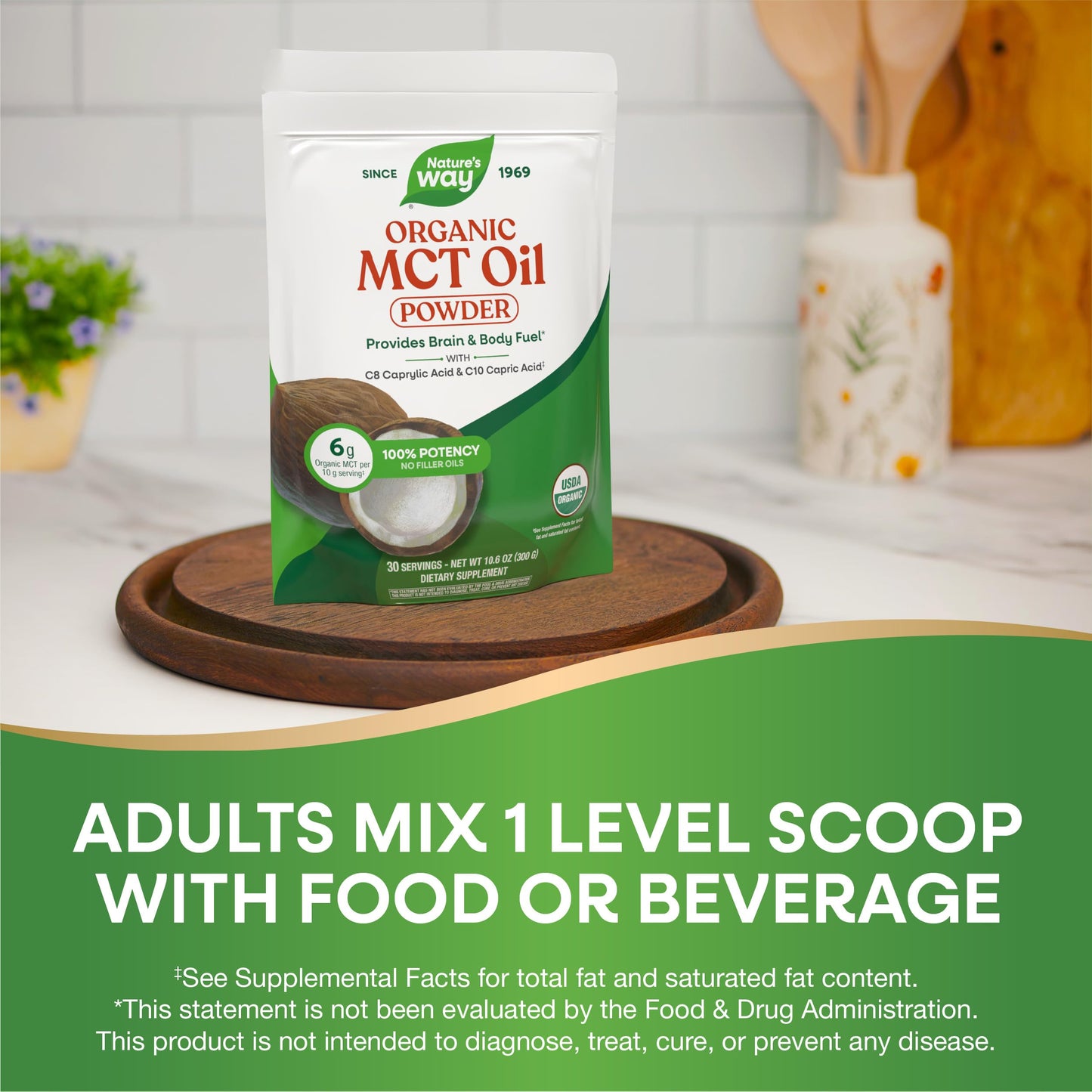 Nature's Way Organic MCT Oil Powder, C8 Caprylic Acid & C10 Capric Acid, Brain & Body Fuel*, Odorless & Flavorless Powder, No Filler Oils, 30 Servings, 10.6 oz