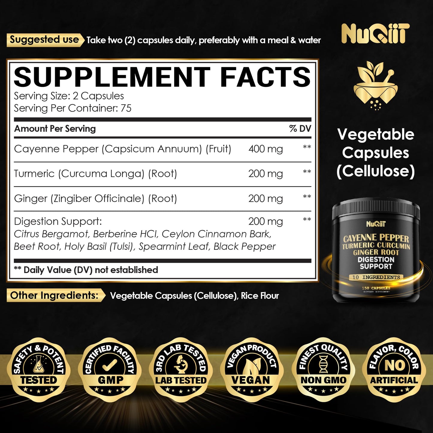 NUQIIT Cayenne Pepper Capsules with Turmeric Curcumin Root, Ginger Root, Berberine HCl & More, 150 Capsules