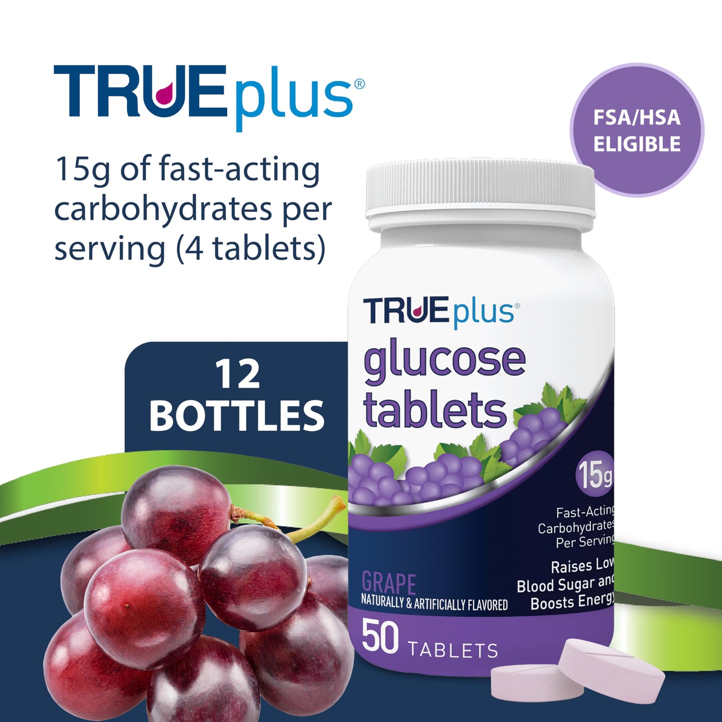TRUEplus Glucose Tablets, Grape Flavor, 50 Count Tablets