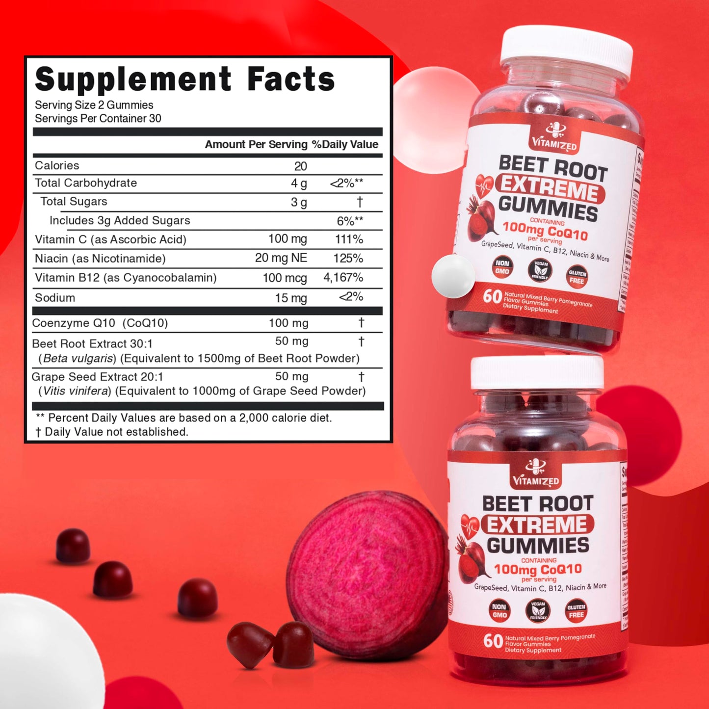 VITAMIZED Extreme Beetroot Formula & COQ10 100mg Gummies for Circulation and Energy, Flow, 60 Count