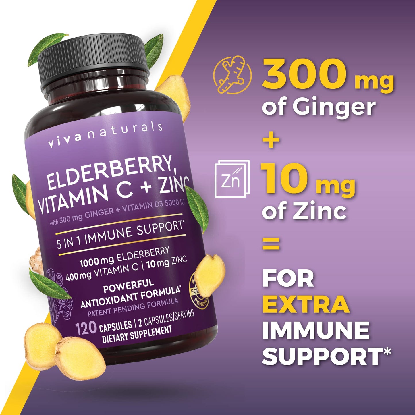 Viva Naturals Elderberry with Vitamin C and Zinc for Adults - 5 in 1 Sambucus Black Elderberry Capsules with Vitamin D3 5000 IU Immunity Supplement, Sambucus Elderberry Immune Support 120 Capsules