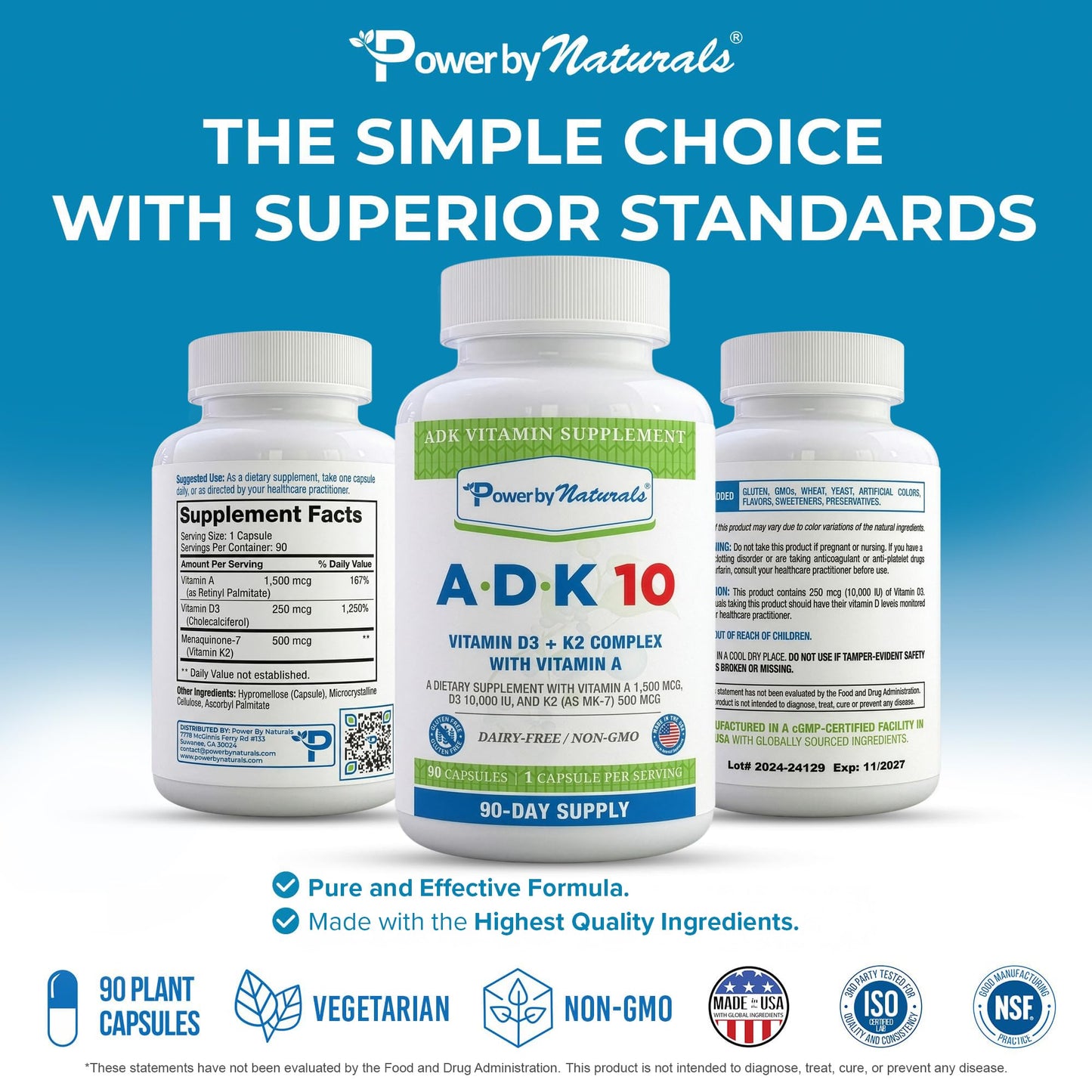 Power By Naturals ADK Vitamin Supplement with Vitamins A, D3 250 mcg & K2 MK-7 for Bone & Immune Health, 180 Capsules