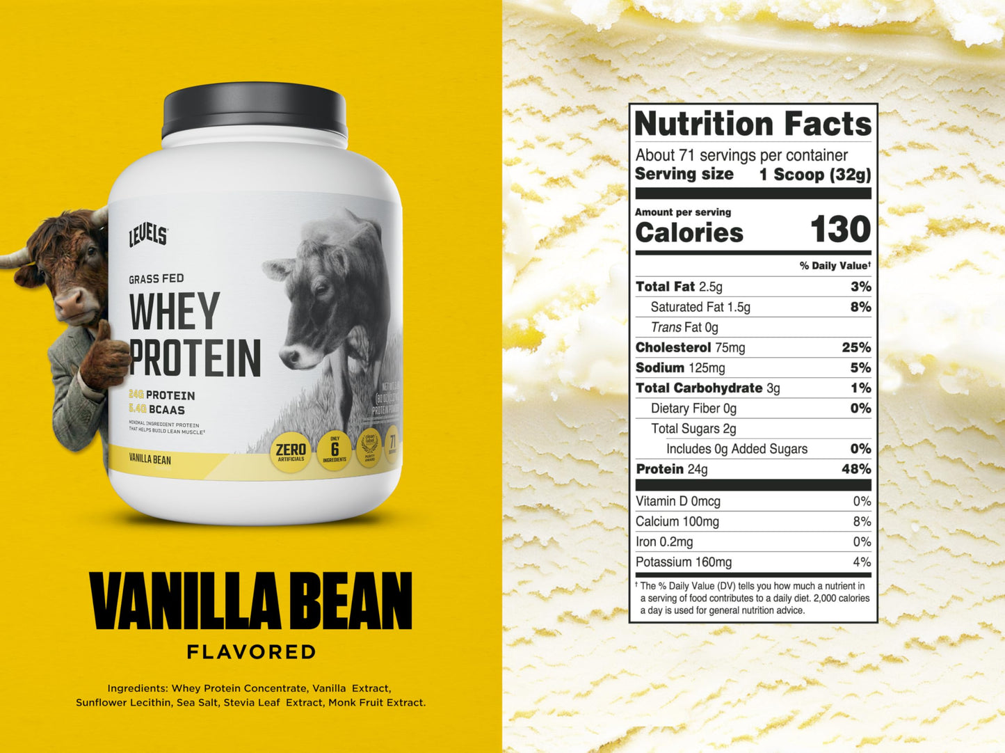 Levels Nutrition Grass-Fed Whey Protein Powder Vanilla Bean, 5 lb, 80 Servings