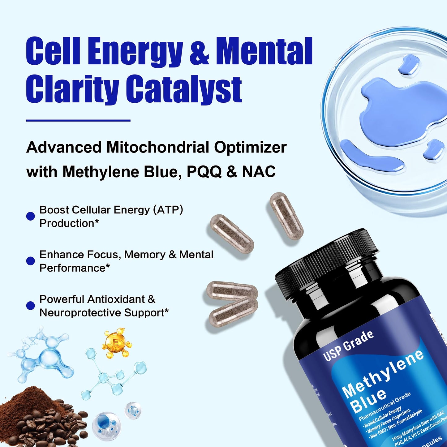 Crobirware USP Grade Methylene Blue 15mg Capsules, 60 Count