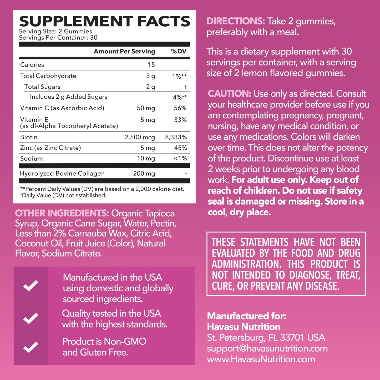HAVASU NUTRITION Collagen Gummies With 2500 mcg Biotin Hair Skin & Nail Support Lemon 60 Count